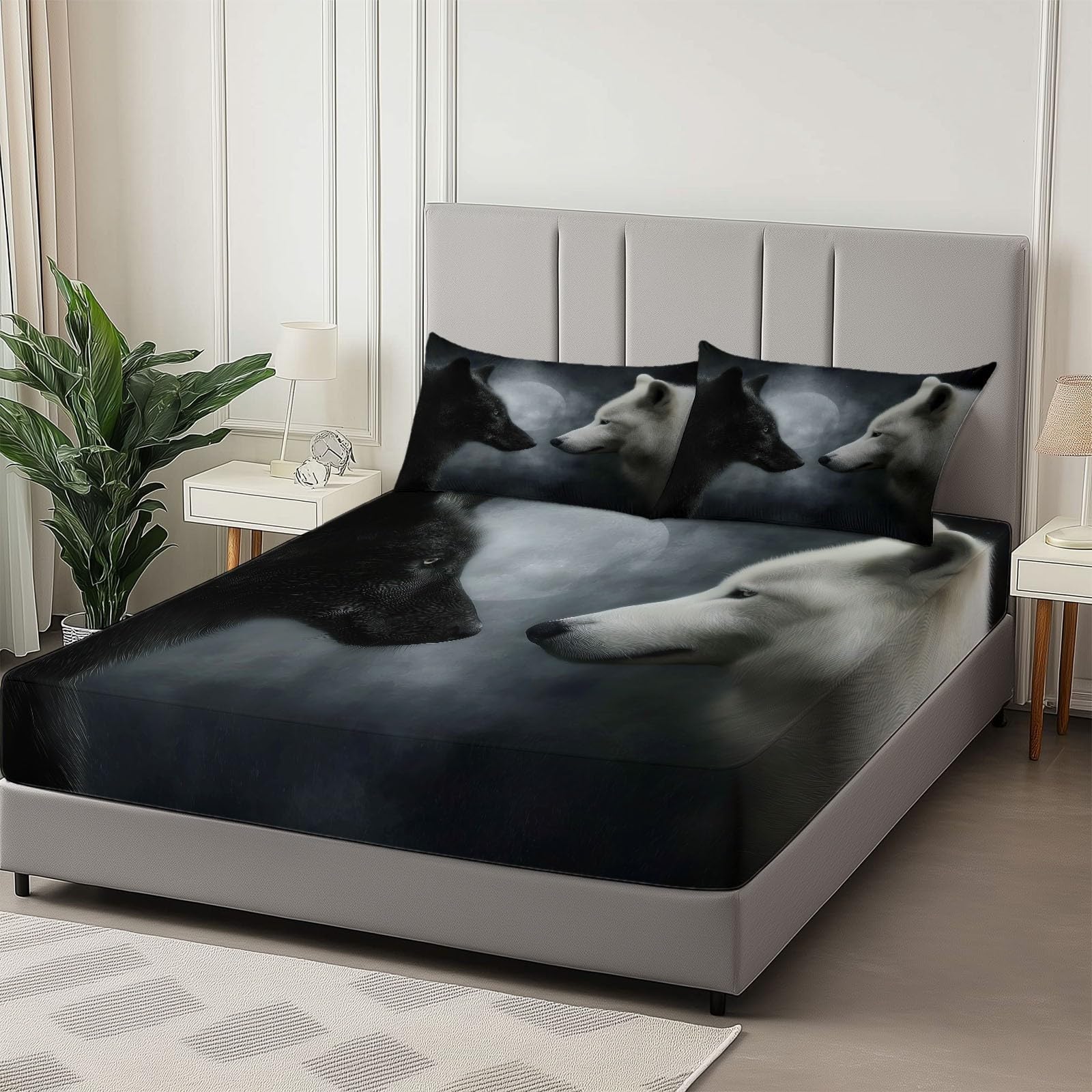 Prześcieradło Fantazyjne Styl Czarny Wilk Biały Pies Zestaw Łóżek, Czarna Prześcieradło Prześcieradło 150 x 200 cm Prześcieradło z mikrofibry Elastyczne prześcieradło 30 cm Kieszeń dla dziewczynek i