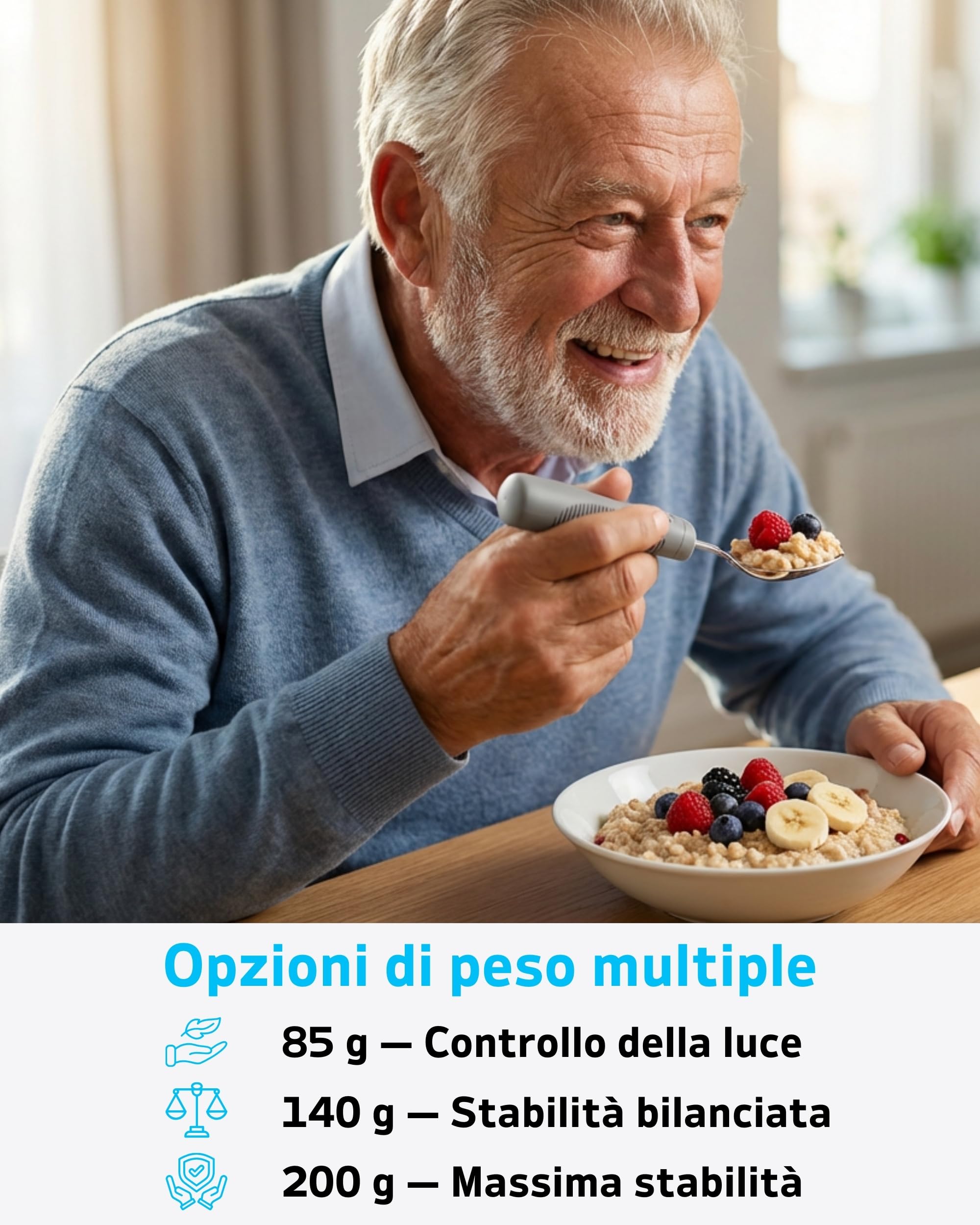 Set Posate Adattive con Peso – per Tremori e Parkinson, Coltello Oscillante a 42°e Cucchiaio Profondo, 71 g (Grigio, Mano Sinistra)