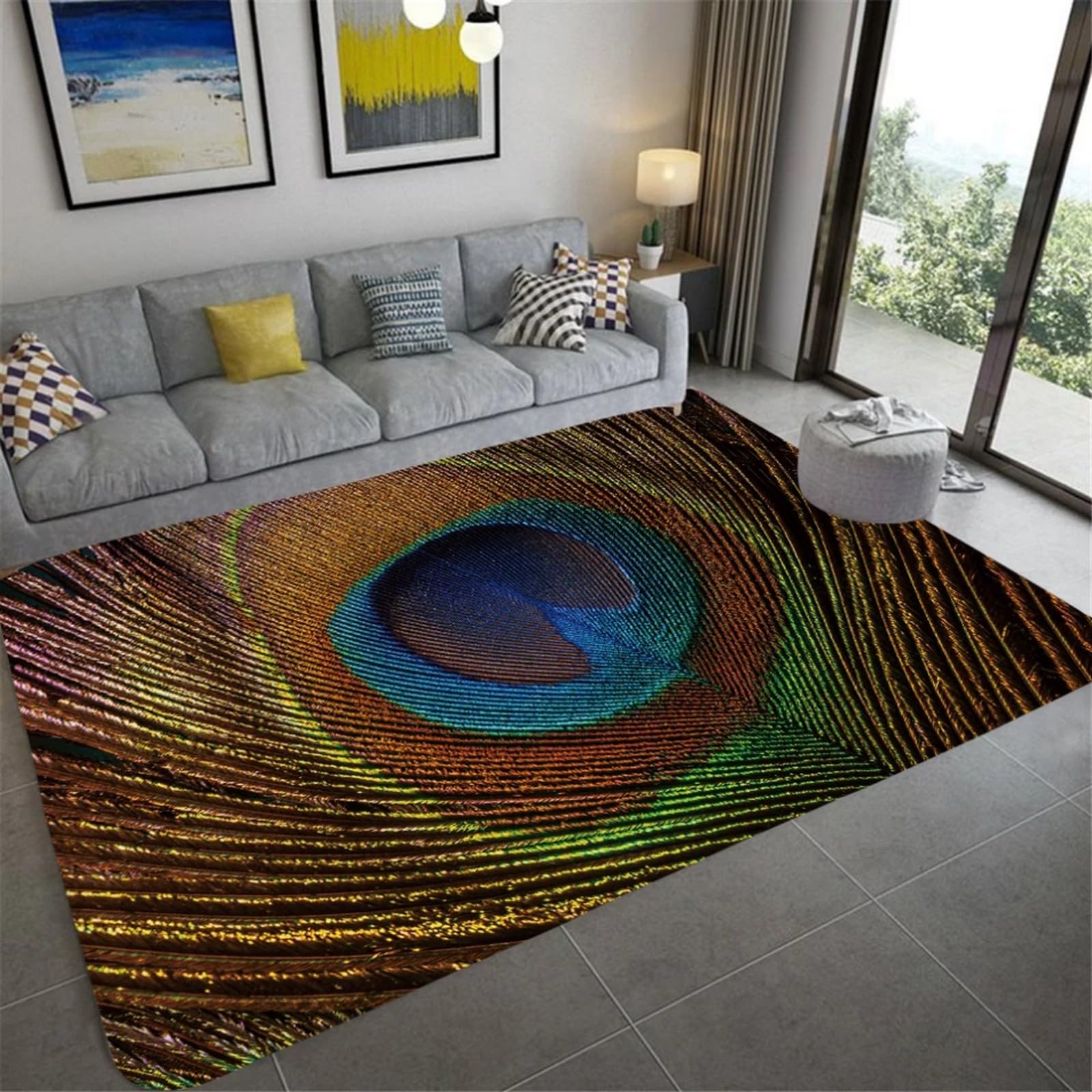 Tapis de salon plumes colorées antitache et lavable pour enfants