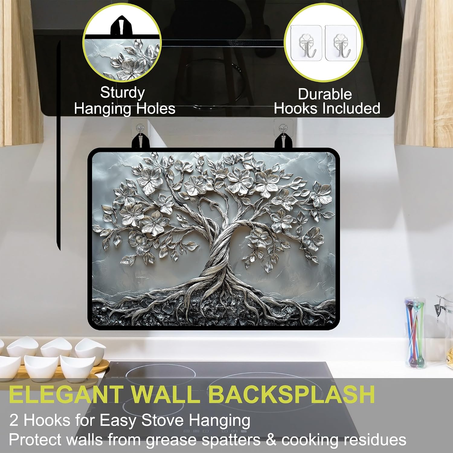 Glass stove top cover 28"x 20", Stove Top Covers for Electric Stove, Flat Range Mat for Glass Cooktop, Kitchen Heat-Resistant Protector Non-Slip Drying Mat (Silver Tree of Life)