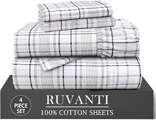 RUVANTI 100% Cotton Twin Sheets, Percale Weave Twin Sheet Set, Open Check
