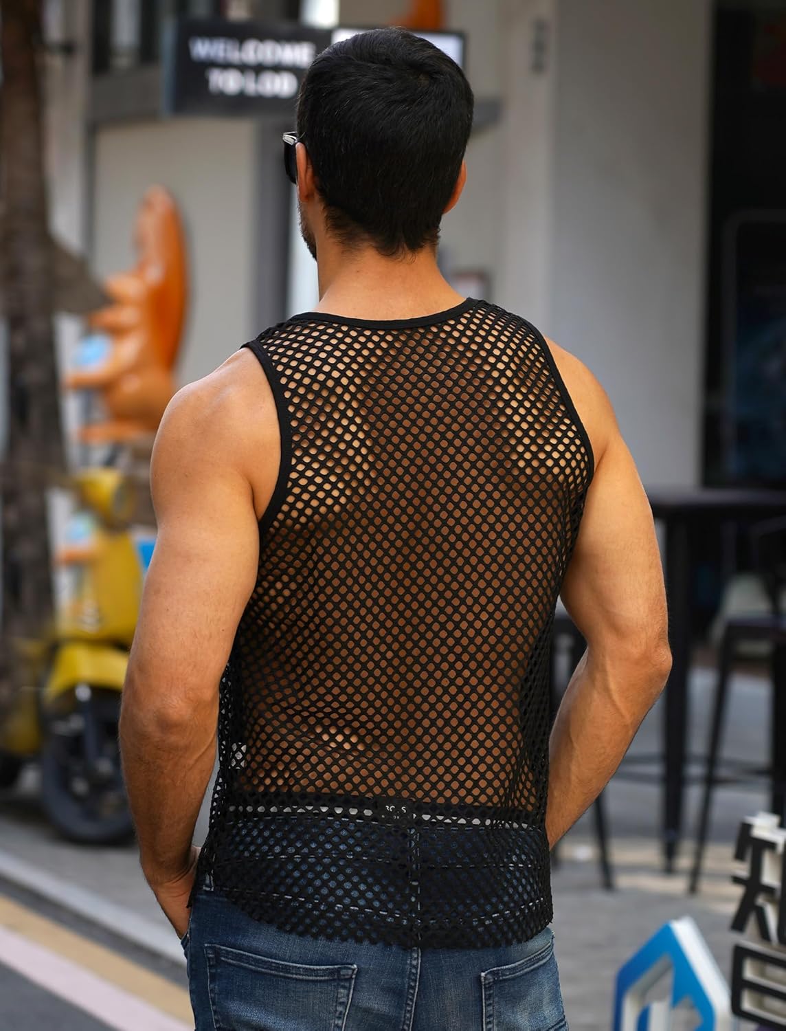 ABAFIP Men's Fishnet Mesh Tank Top Sleeveless Sheer Shirt Gym Workout Fitted Muscle Top Undershirt - Image 4