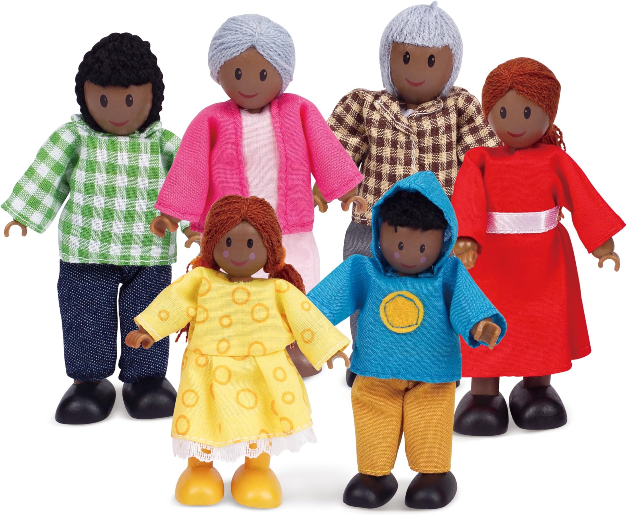 African American Wooden Doll House Family| Dollhouse People Set of 6 Action Figure Set| Wire Adults: 4.3" H; Kids: 3.5" H