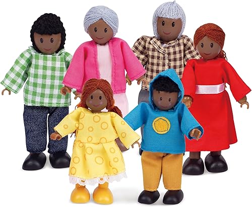 Hape familia afroamericana muñecas de mandera, miembros de familia.