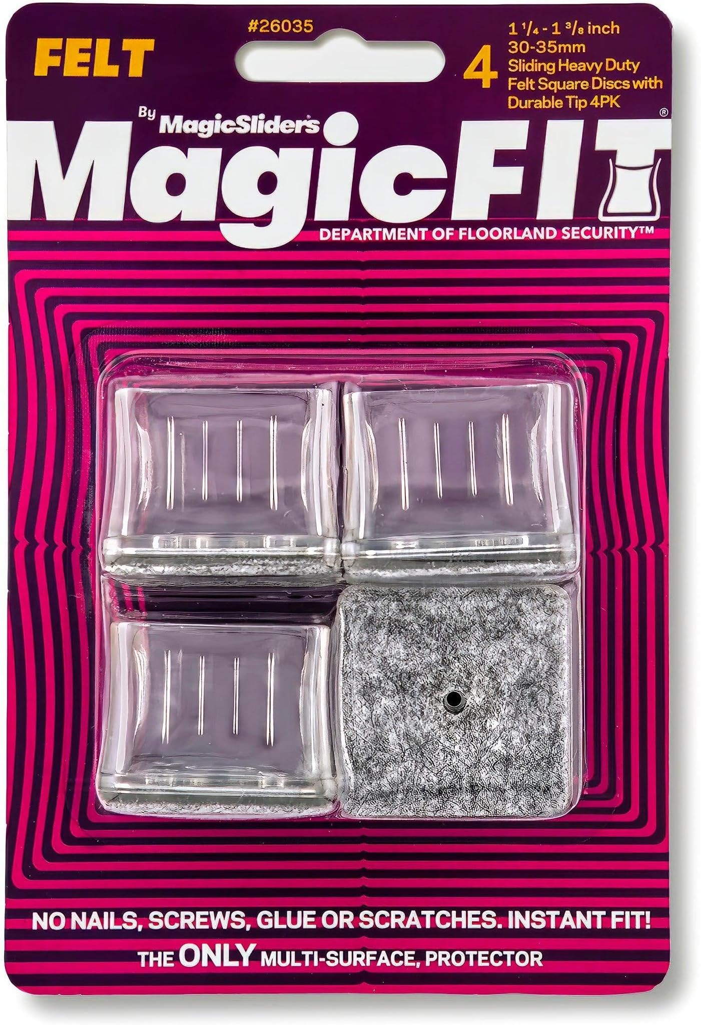 โ MAGIC SLIDERS 26035 - Magic FIT - 1 1/4" - 1 3/8" Square Felt - 4 Pack - Felt Pad Sliders for Household Furniture to Protect Surfaces, Wood, Tile, Carpet, and Vinyl Floors