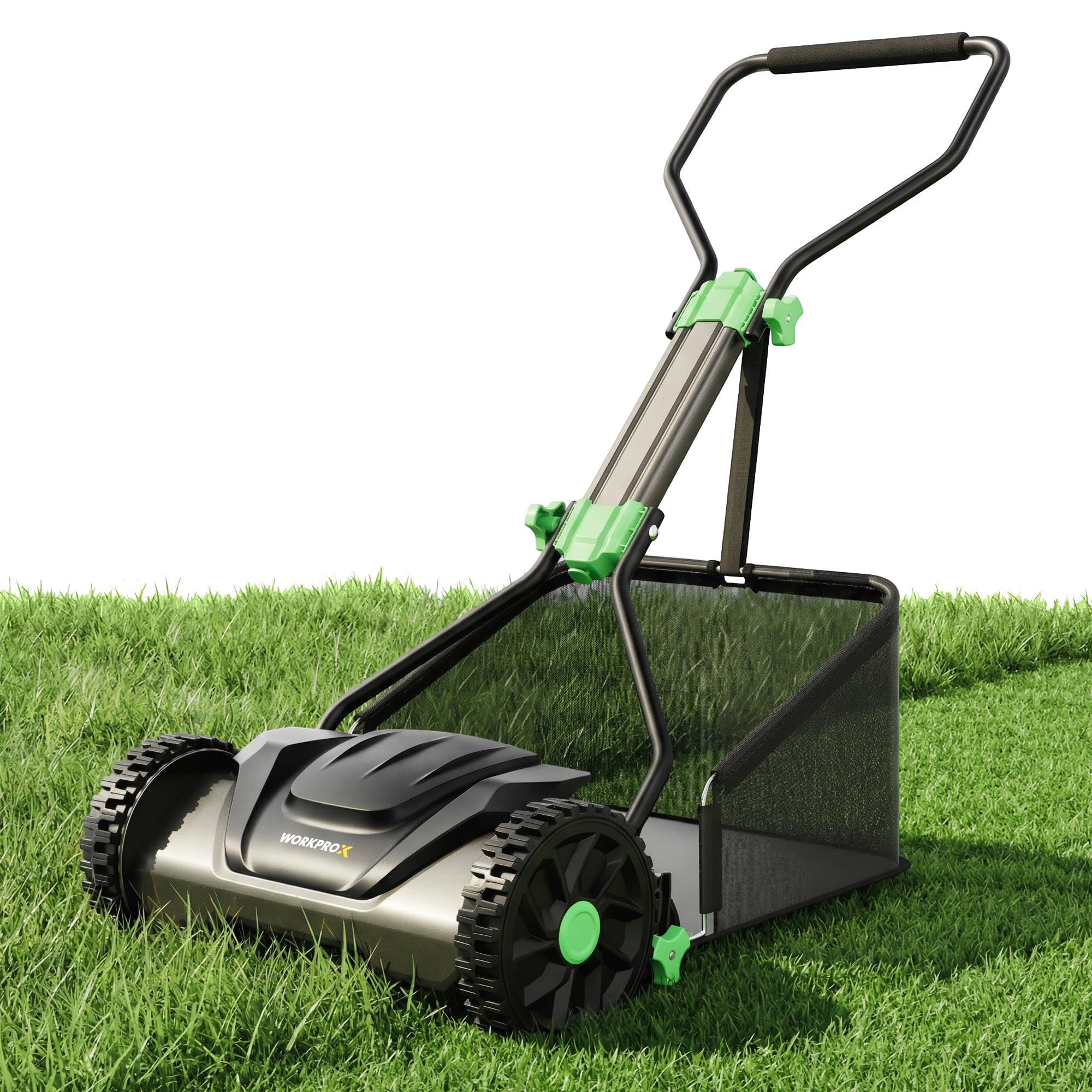 WORKPROX 16-Inch Push Reel Lawn Mower, Adjustable Height 5-Blade Reel Mower with Removable 8-Gallon Grass Catcher for Yards and Gardens, Black