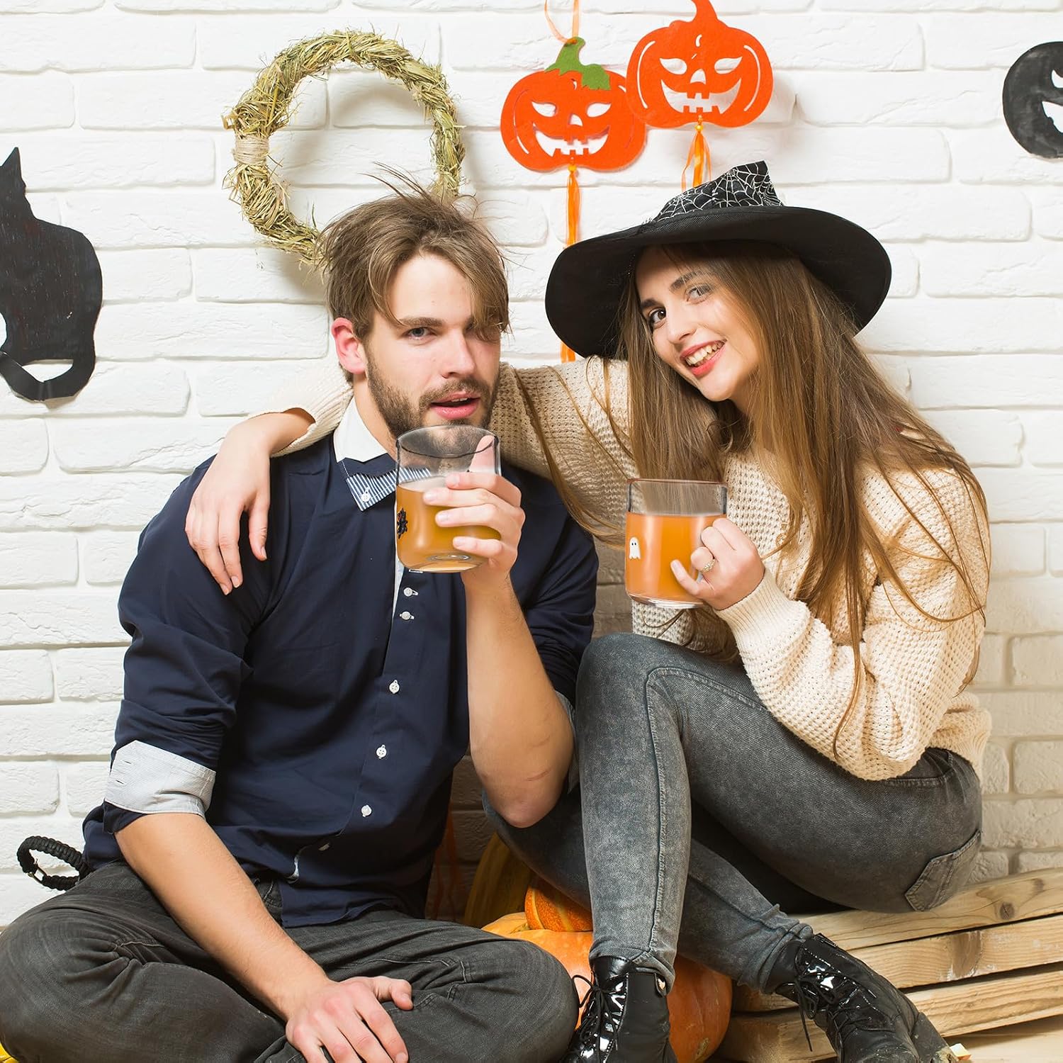 Skylety 4 Pcs Halloween Icon Glass Cups Set - 14oz Pumpkin Spider Bat Ghost Stemless Wine Glasses Double Old Fashioned Icon Hand Blown Drinking Cups for Halloween Party Supplies & Gift