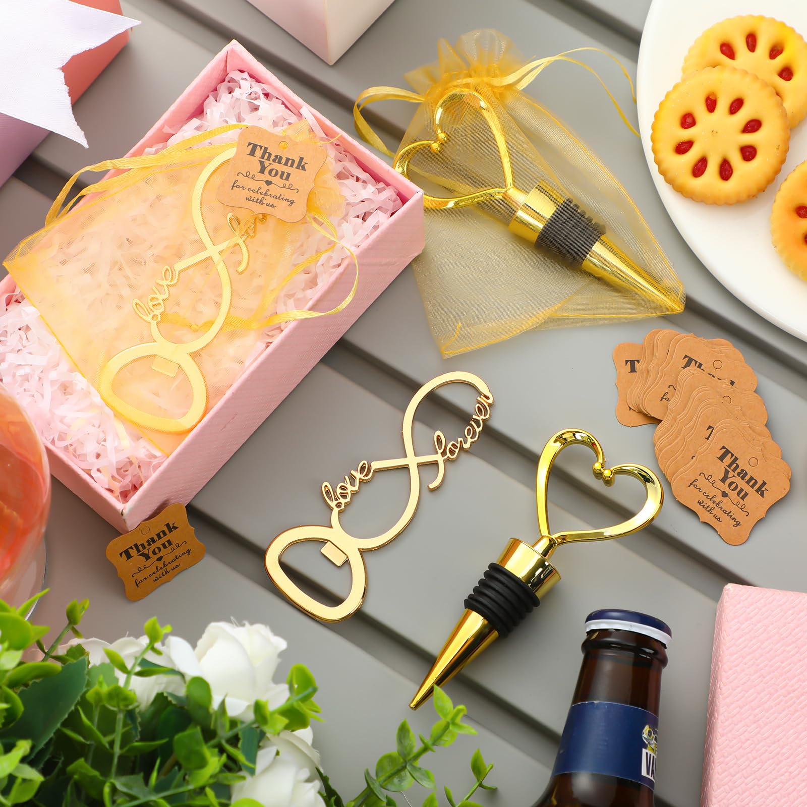 Tanlade 60 Stück Hochzeits-Partygeschenke für Gäste, Weinstopfen und Öffner, Liebes-Set, Love Forever, Brautparty, Gastgeschenke mit 100 Etiketten, 60 Netzbeutel für Hochzeit, Party, Souvenir,