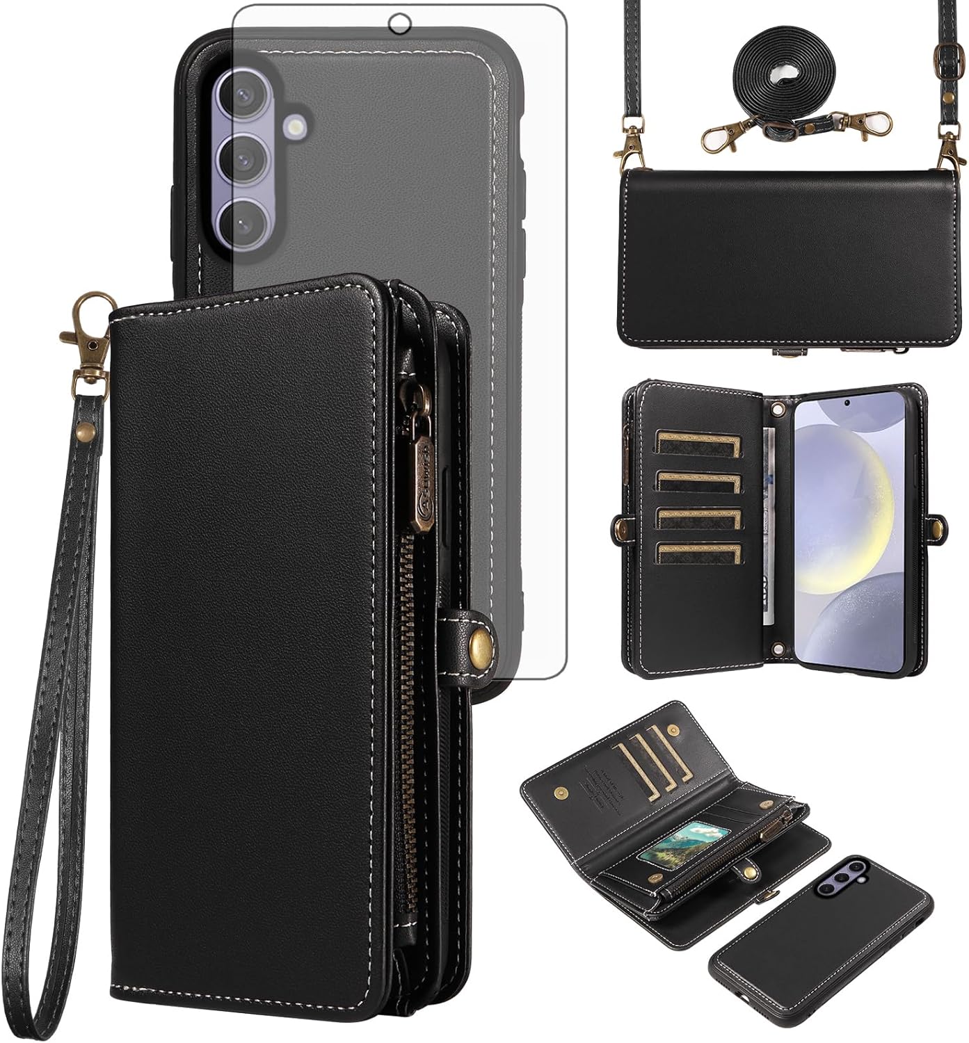 Asuwish Phone Case for Samsung Galaxy S24 Plus S24+ 5G Zipper Wallet Detachable Cell Cover with Screen Protector Crossbody Lanyard Strap Flip Card Holder Slot S24plus 24S + S 24 24+ 6.7 Black