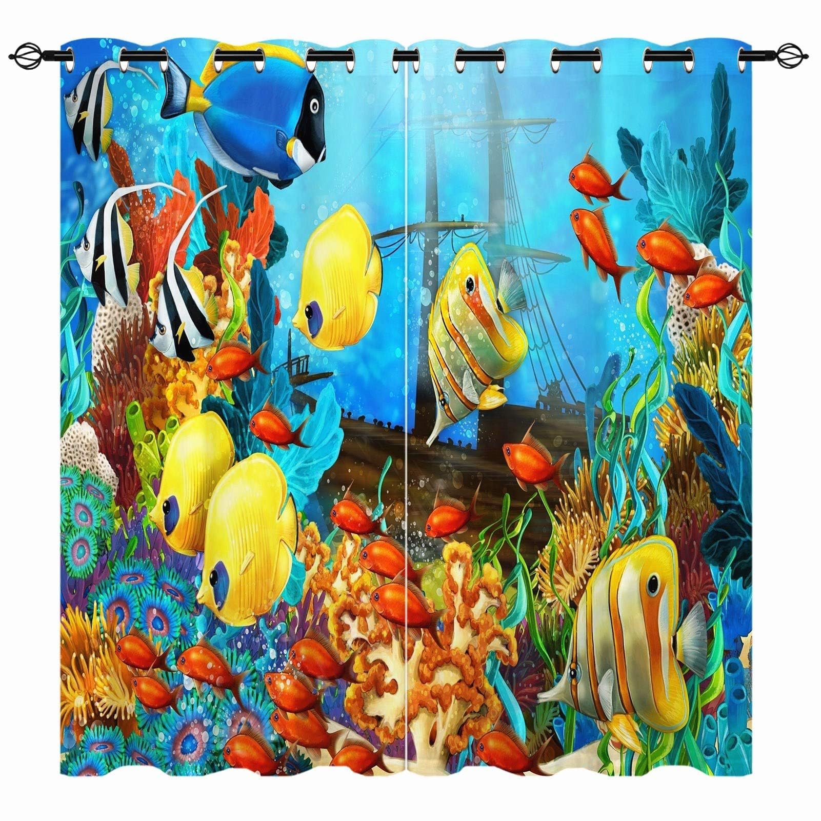 YUANZU Ocean Curtain - Tropical Fish Coral Underwater Sea World Shipwreck Art Scene Print Pattern Eyelet Blackout Thermal Room Darkening Window Drapes for Bedroom Living Room 2 Panels W106cm x D160cm — image 1