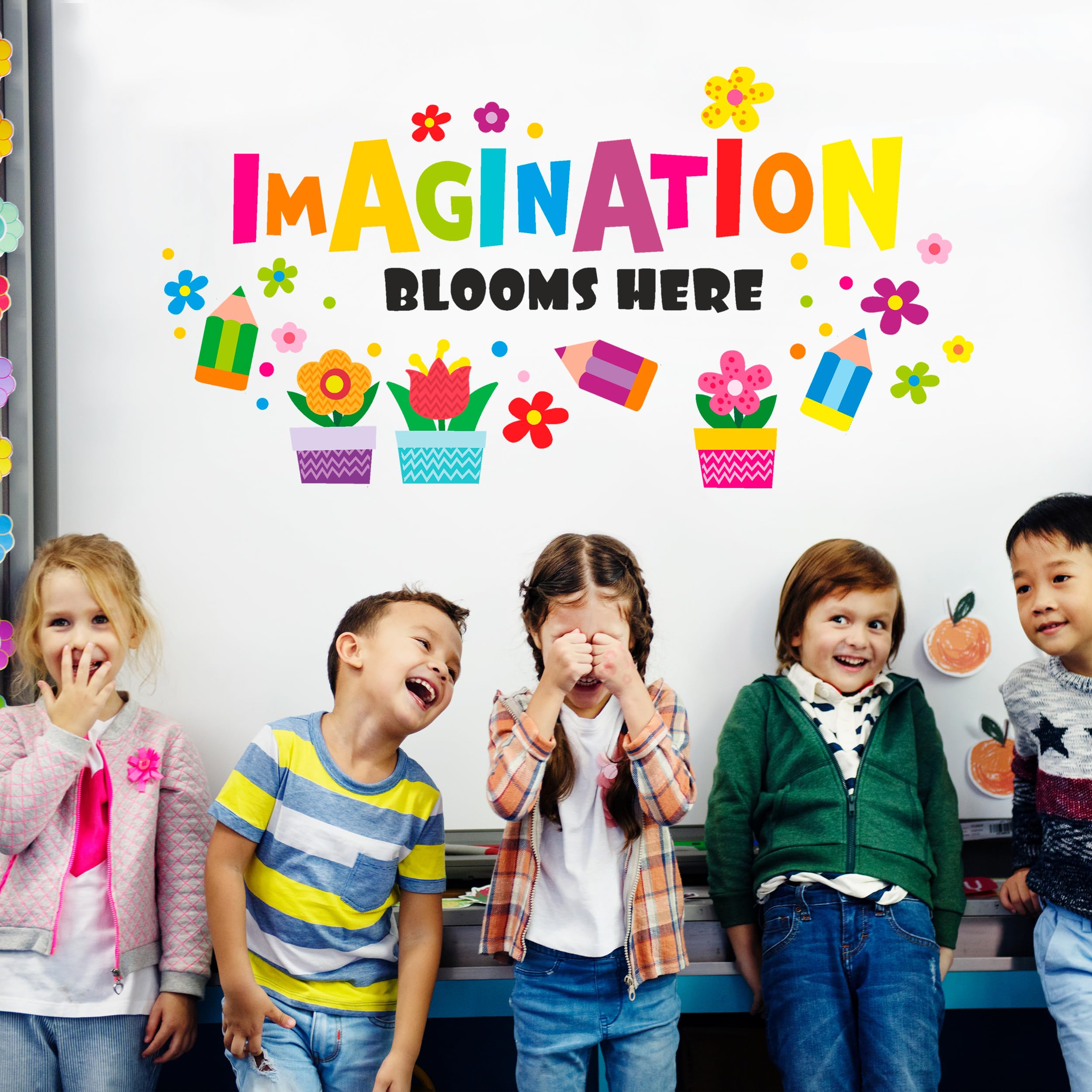 Inspirational Wall Decals for Kids - Educational Quotes Wall Stickers for Toddler Boys Girls - Classroom Peel and Stick Stickers [Imagination Blooms Here Phrase