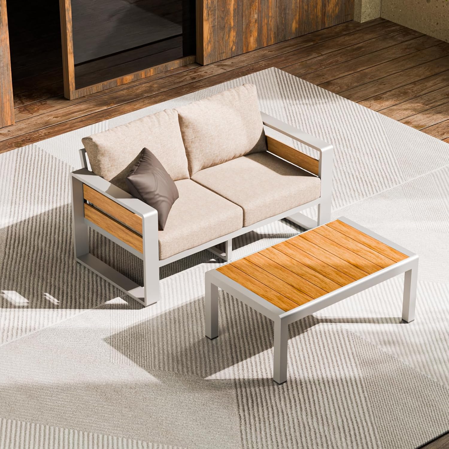 ZANDOR Aluminum Outdoor Patio Furniture - Outdoor Coffee Table, All-Weather Metal Modern Outside Furniture, Rectangle Patio Coffee Table, Garden/Backyard/Porch, Silver