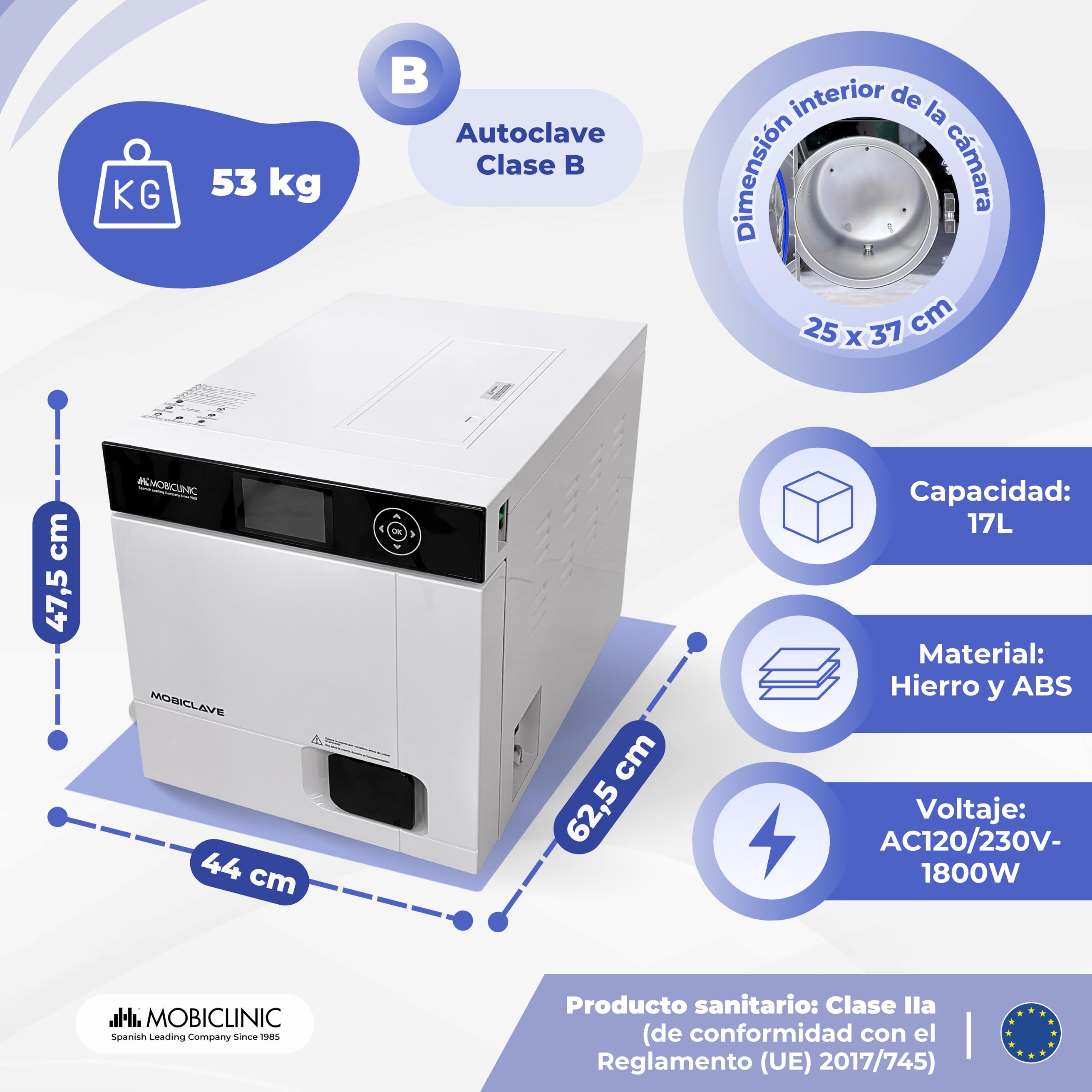 Mobiclinic®, Autoclave Profesional, Esterilizador Autoclave de Vapor 17L, Desinfecta al 99% con Cobertura 360º, 6 Ciclos + Personalizado, Impresora, USB, SD, Clínicas y Laboratorios, MobiClave Plus