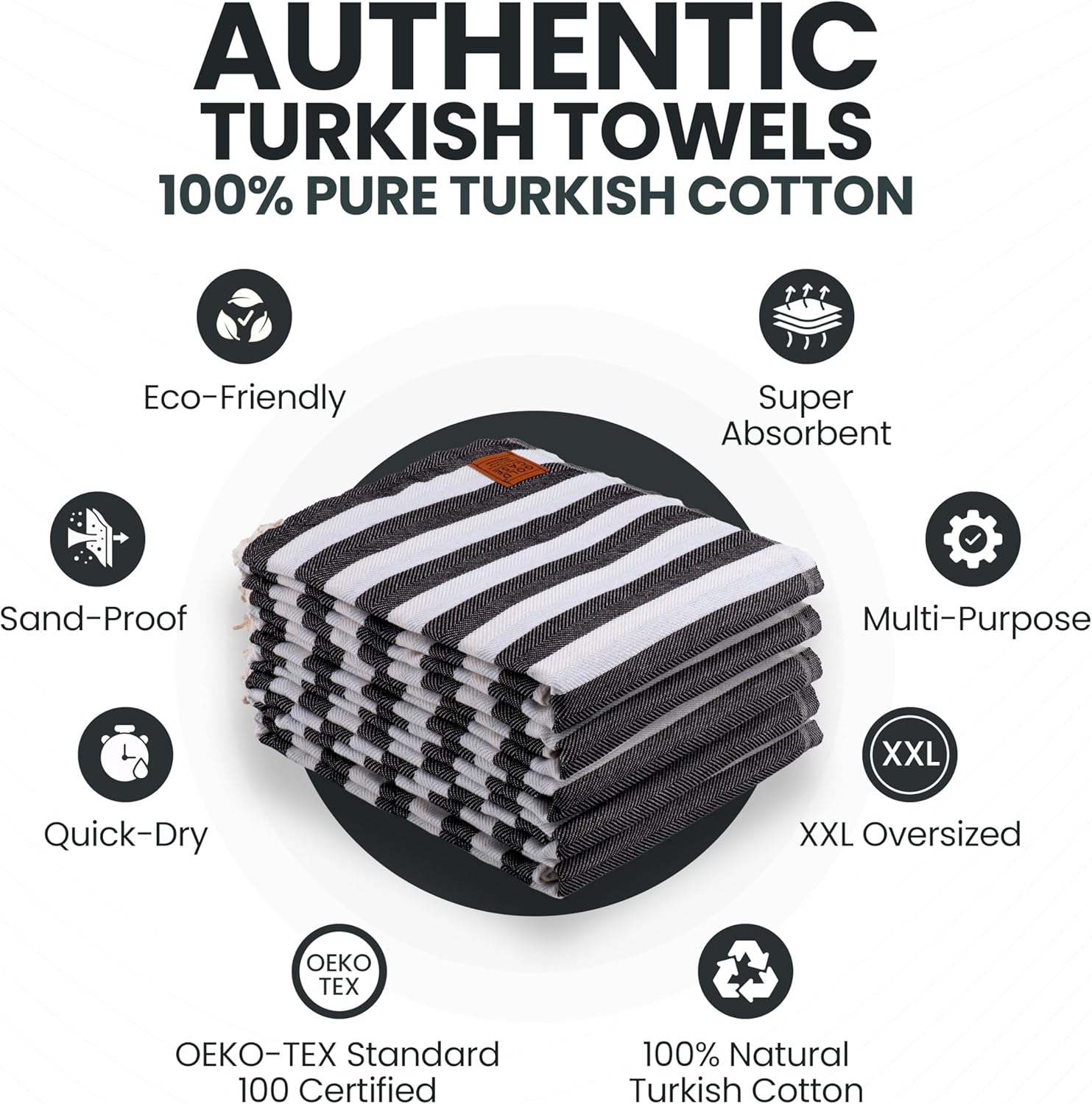 GOLD CASE Turkish Beach Towel Set of 5 – 100% Cotton Beach Towels Oversized 70x38'' – MYRA Quick Dry Swim Towel – Lightweight Turkish Towels Set in Black - Image 2