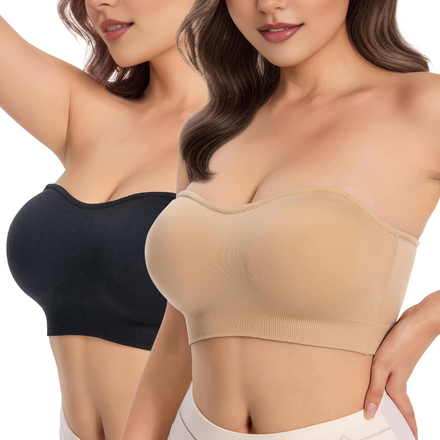 Strapless Bandeau Bra, Womens Non-Slip Wireless Everyday Bra Breathable Comfort Clear Straps Tube Top for Sheer Tops, Black+Beige, Medium