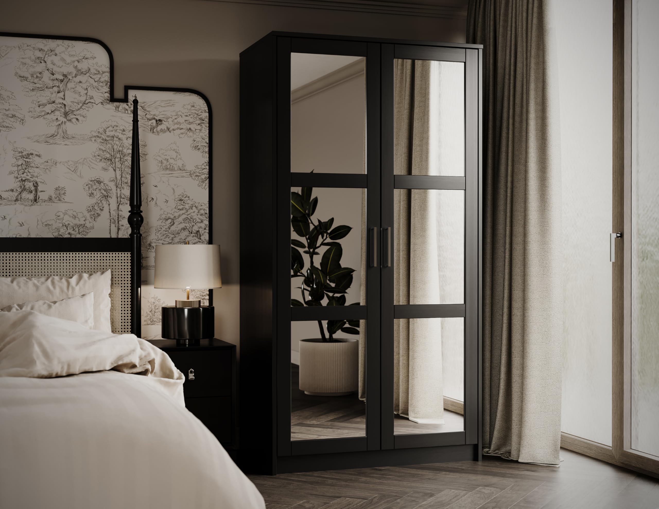 Palace Imports100% Solid Wood Urban 2-Door Wardrobe Armoire w/Mirrored Doors, Black, 37.75" w x 72" h x 23.75" d. Renewable Eco-Friendly Wood, Made in Brazil