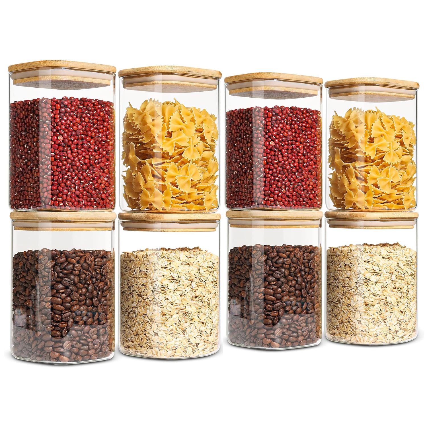 MOSYCLE Glass Jars Set 500ML, Food Cereal Storage Spice Containers for Home Kitchen, Food Storage jars With Labels, Marker and spoons, Square 8 * 10cm 8 Pieces With Wood Lid.