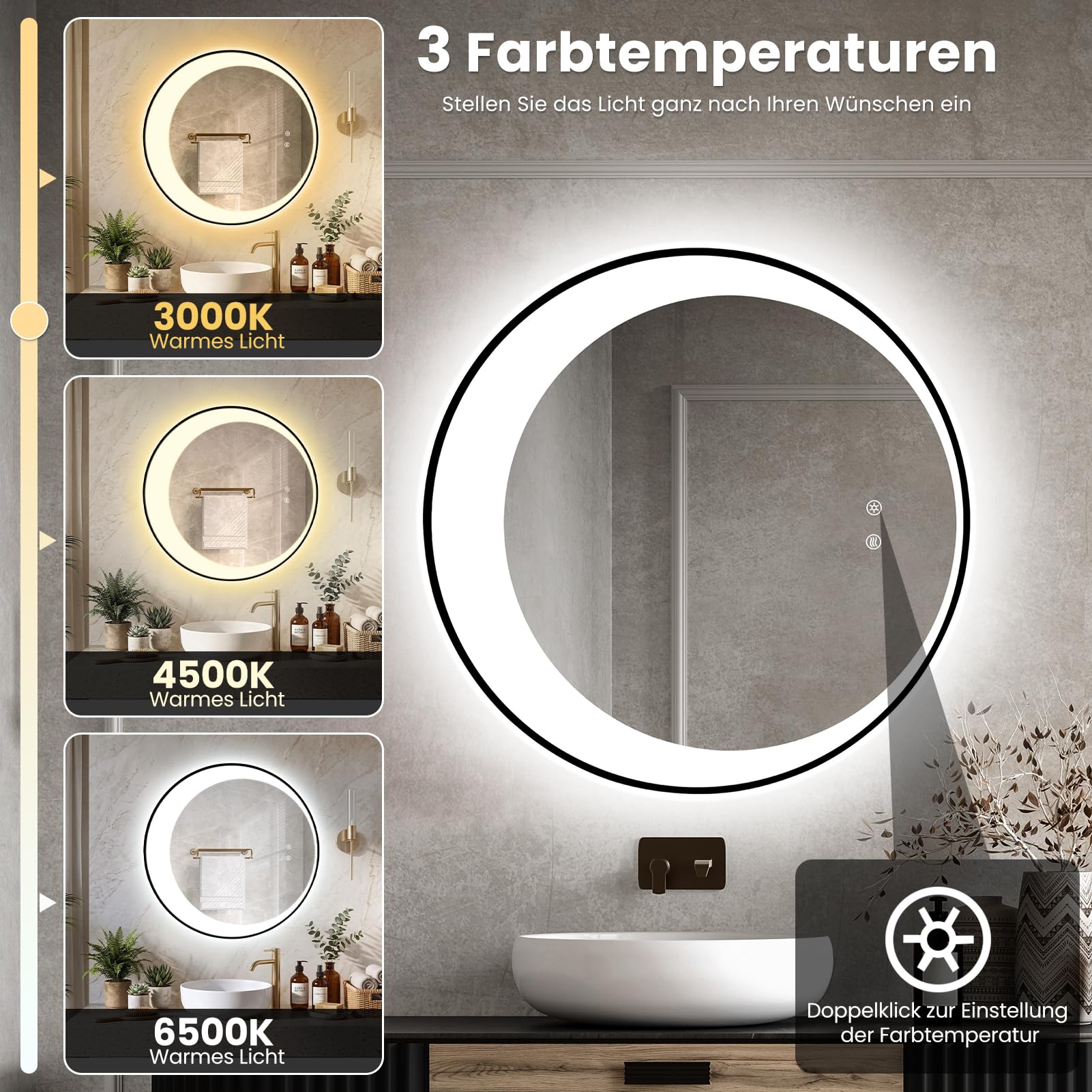 Badspiegel mit LED-Beleuchtung Rund 60x60cm Schwarzer Rahmen