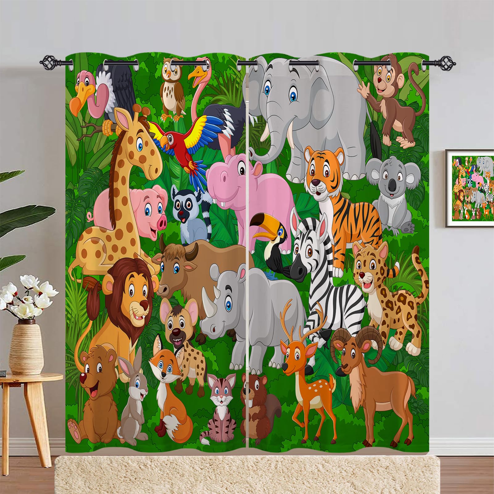 ANHOPE Animal Curtains Eyelet 80% Blackout Room Darkening Curtains Jungle Safari Wildlife Print Pattern Thermal Light Blocking Window Drapes for Kids Bedroom Living Room 55 x 90 Inch Drop 2 Panels โ image 1