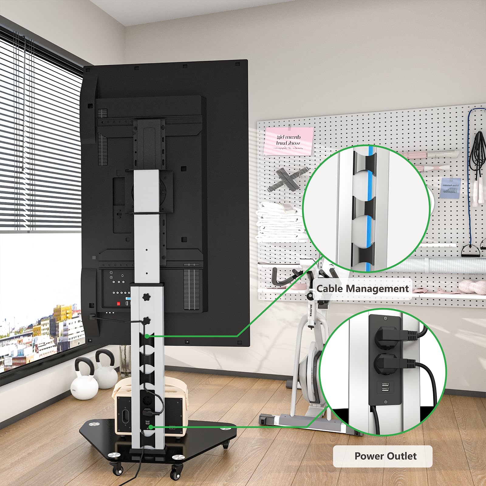 Proton 100 mobiler TV Ständer, rotierbar, Steckdosen, USB-Ports, Höhe VESA 135cm, Hoch- Querformat 32-75 Zoll 40 kg Alu Schwarz