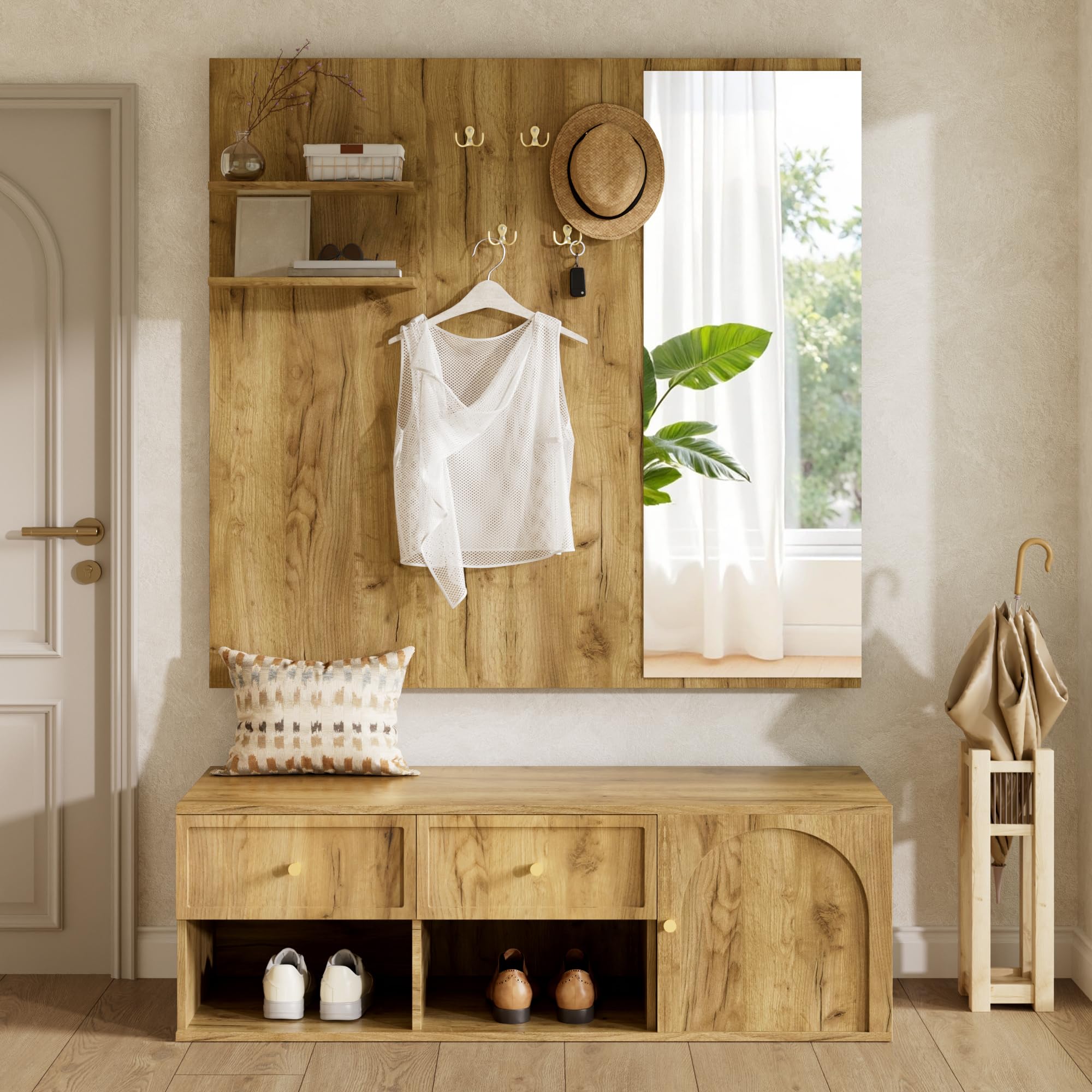 Armadio multiuso, set appendiabiti da parete con cassetti, armadio e mensola sospesa, pannello appendiabiti con 5 ganci, specchio e panca inclusi, colore legno naturale