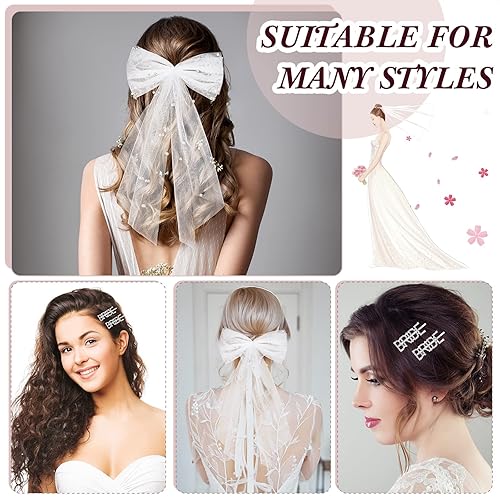 Miniatura 7 de 3 piezas de decoraciones de despedida de soltera, lazo blanco perla nupcial para el cabello, pinzas para el cabello plateadas, clips de letras para