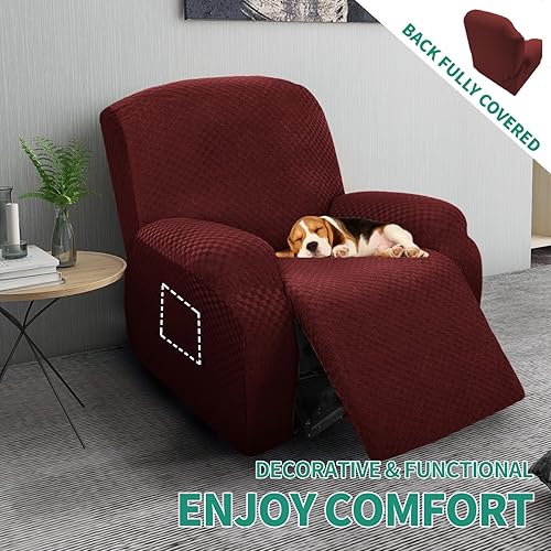 Vista 76 de YEMYHOM Funda elástica de 4 piezas para silla reclinable de jacquard con bolsillo lateral, antideslizante, ajustable, protector de muebles con parte