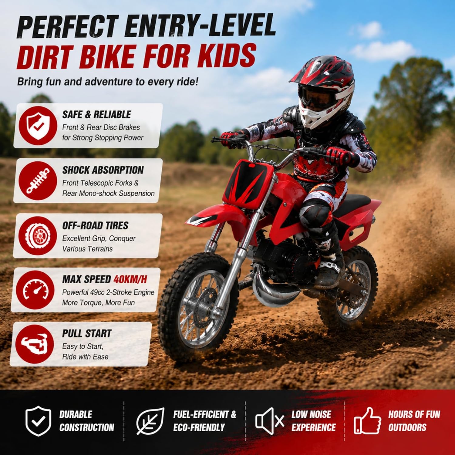 49cc 2-Stroke Kids Dirt Bike, Gas Power Motocross Off Road Mini Motorcycle, Children Pocket Bike with Disc Brakes, 40km/h Max Speed, Pull Start (Red)