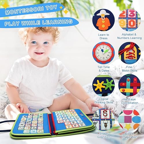 Miniatura 3 de Juguete Montessori de tablero ocupado para niños pequeños de 1, 2, 3, 4 años, tablero sensorial de actividad educativa AHIER para aprendizaje