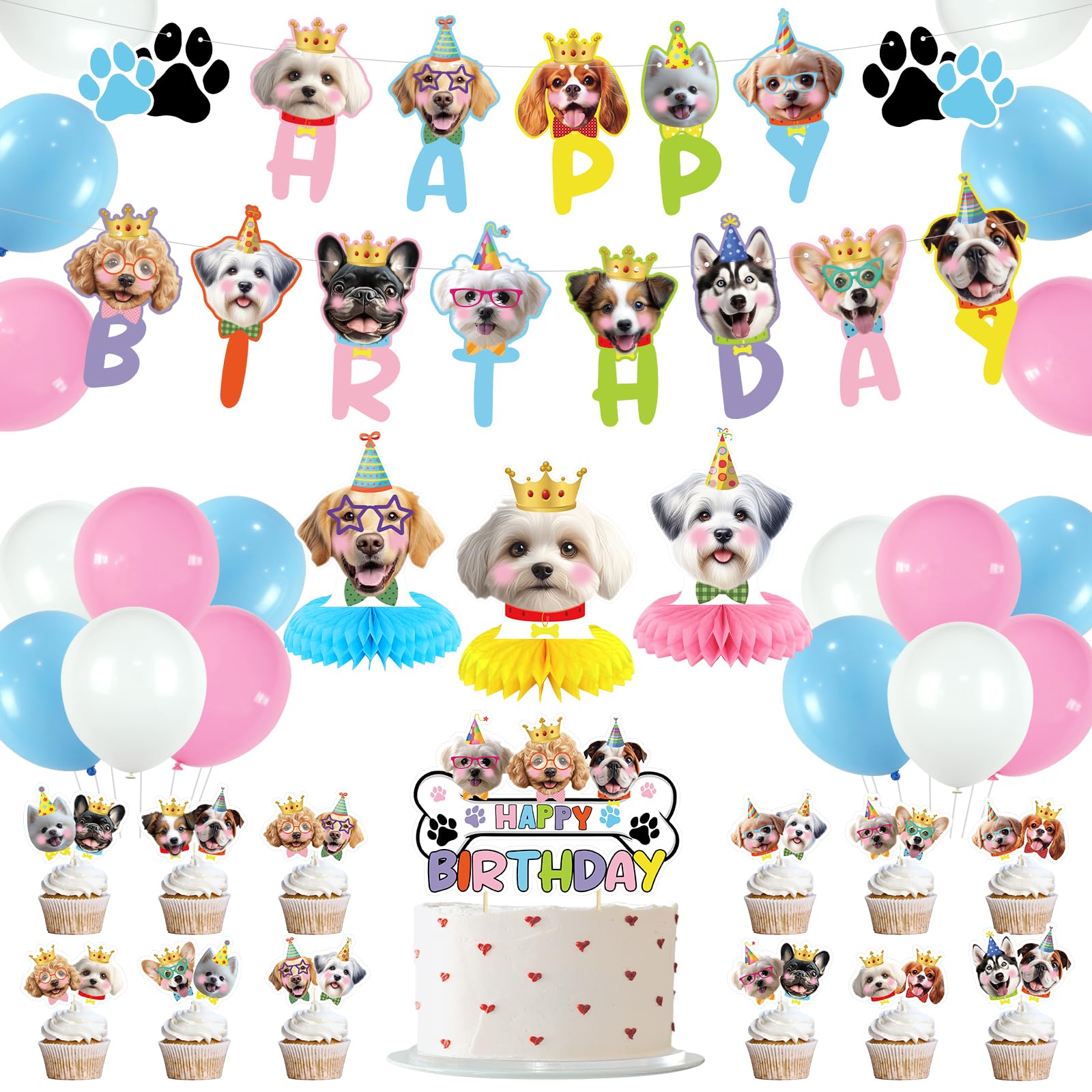 35 Pcs Dog Birthday Party Supplies,Puppy Party Decorations Dog Party Banner,Cupcake Toppers,Cake Topper,Honeycomb Centerpieces & Balloons for Doggy