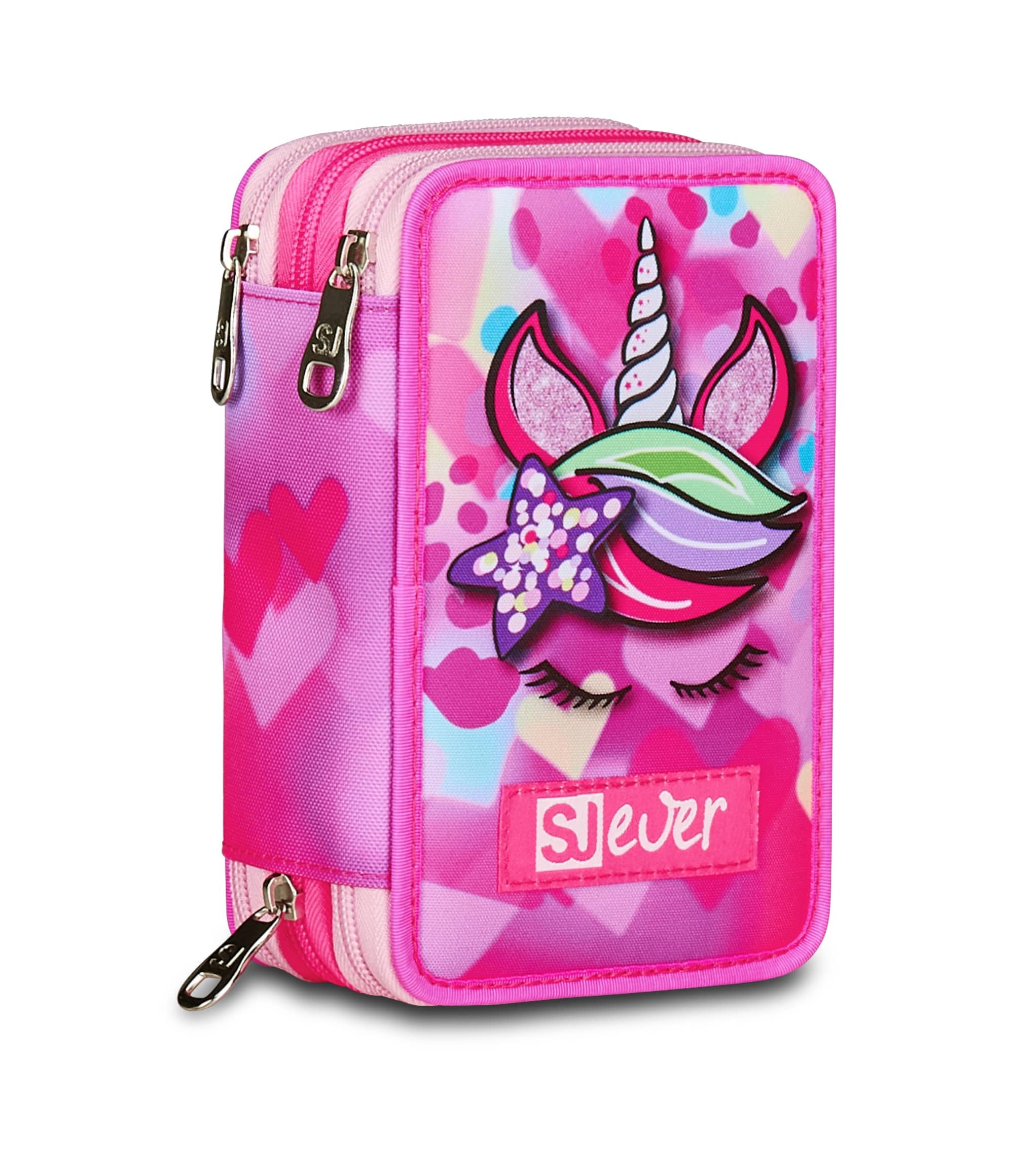 SJ GANG STYLE JAM GANG Astuccio Scuola 3 Zip Sj Ever, Fucsia, Portapenne Triplo Scomparto Completo Di Penne, Matite, Colori, Accessori Zaino, Scuola Elementare, Bambina