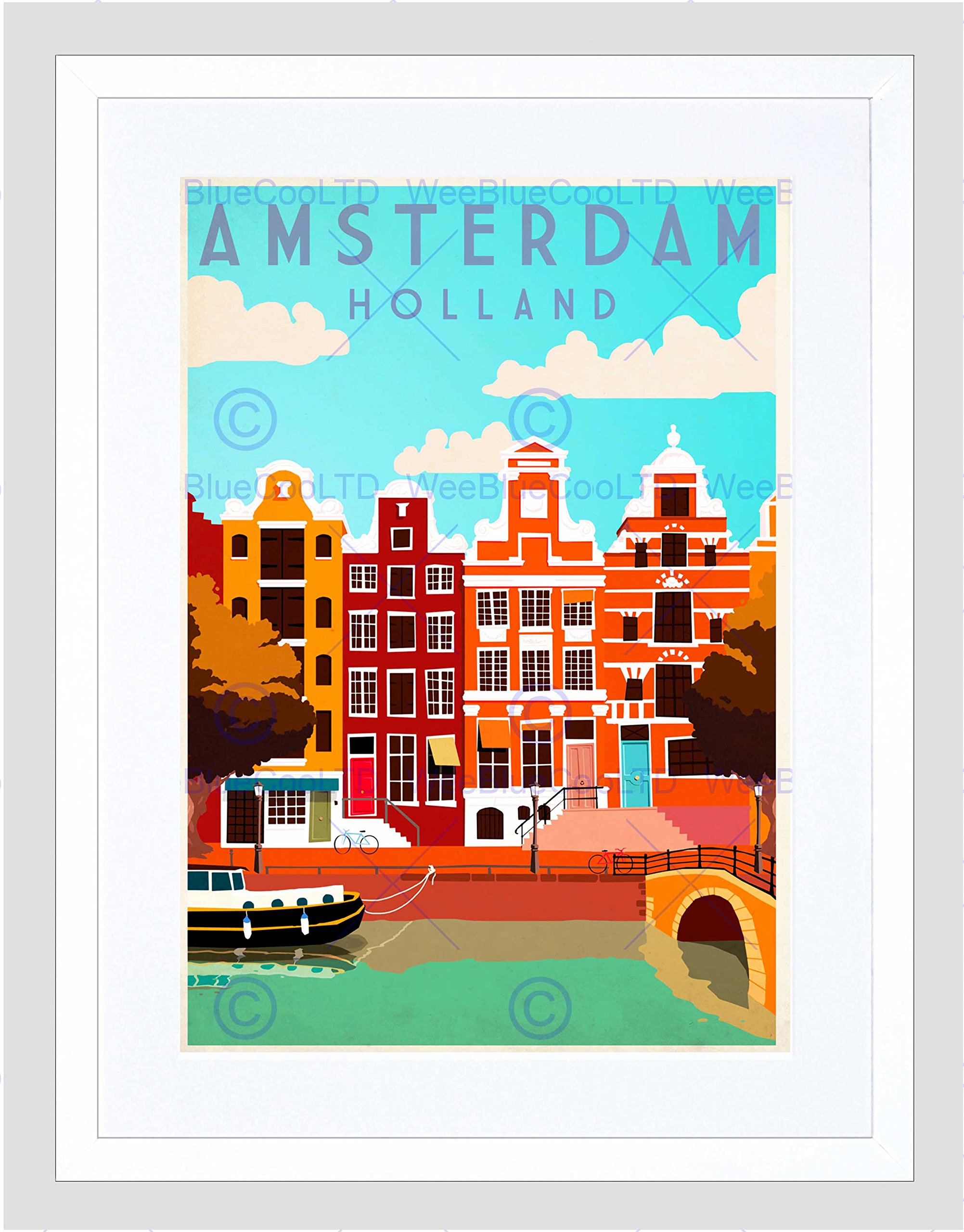 Wee Blue Coo Travel Amsterdam Holland Netherlands Canal Bridge Boat House Art Framed Wall Art Print