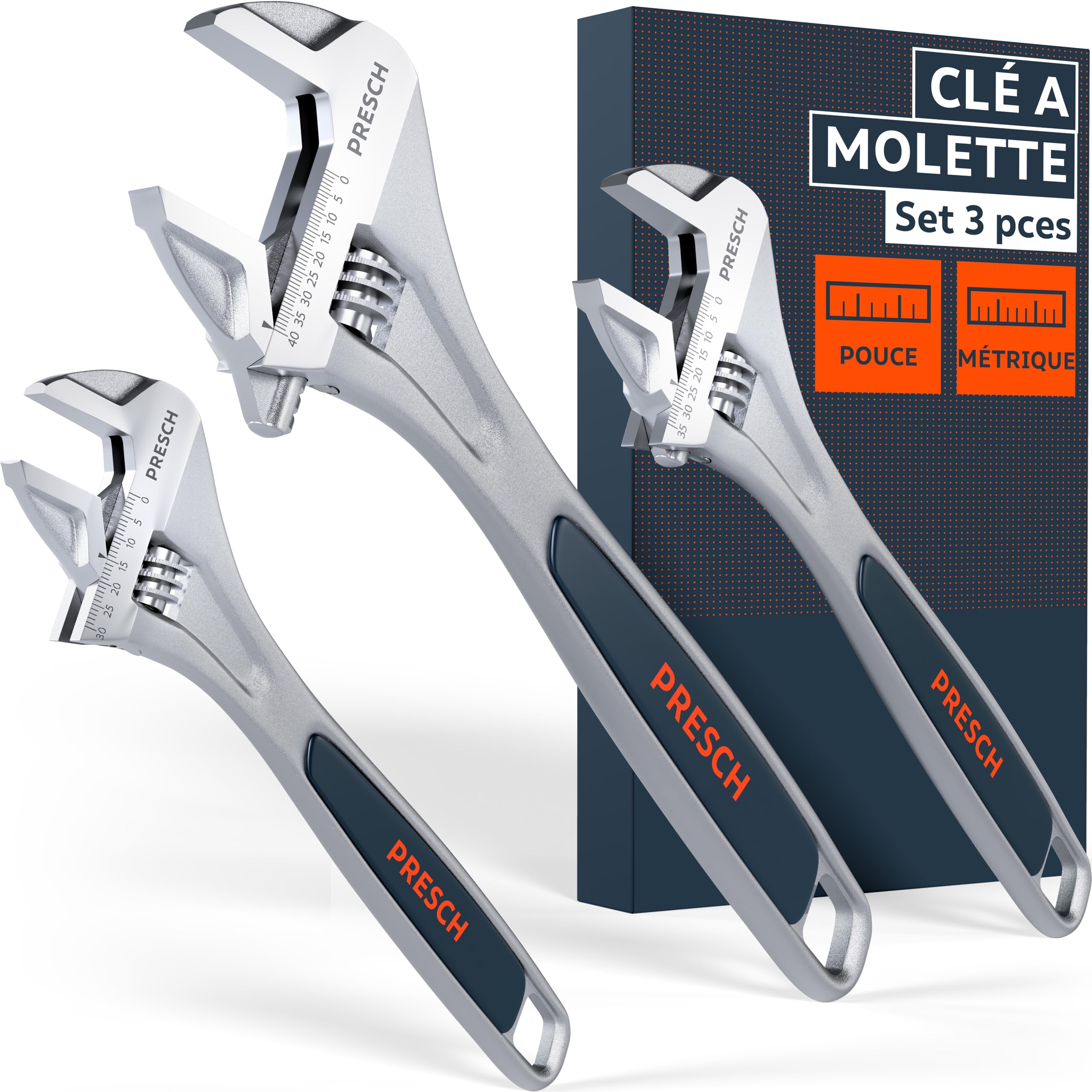 PRESCH Set de clés à molette - 200mm, 250mm & 300mm - Échelles gravées au laser 30mm-40mm (métrique et pouces) - Usinage de précision pour une prise optimale - Clés anglaise robuste