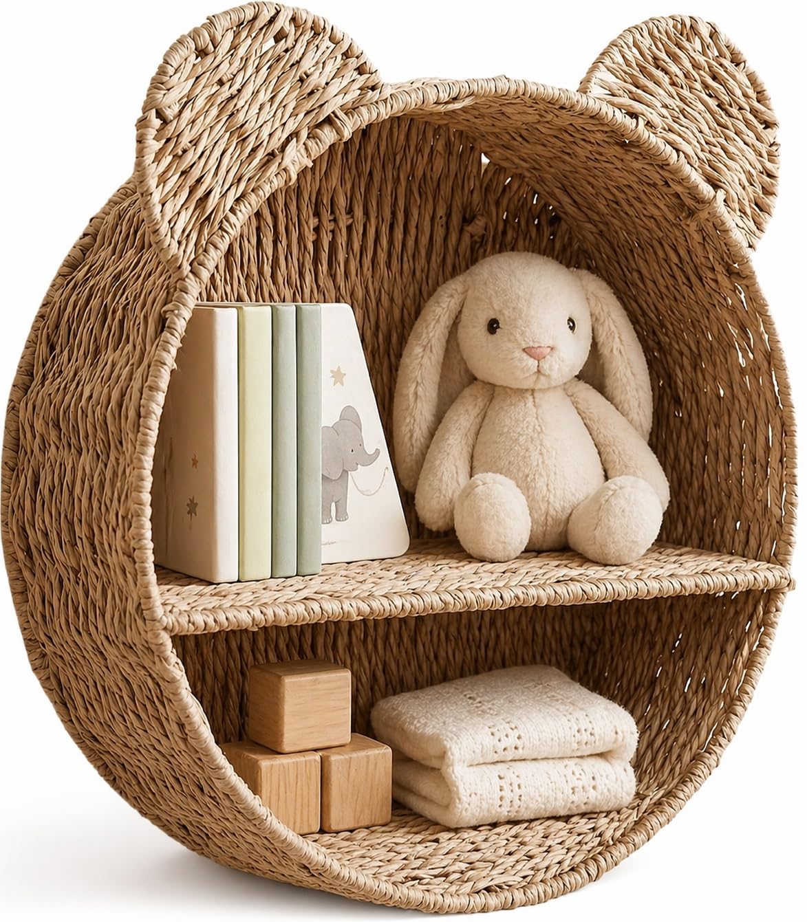 Photo 1 of Woven Wall Basket Shelf Bear Nursery Decor — Boho Handwoven Hanging Wall Decor for Kids Room, Paper Rope Stuffed Animal Organizer, Baby Nursery Floating Shelf