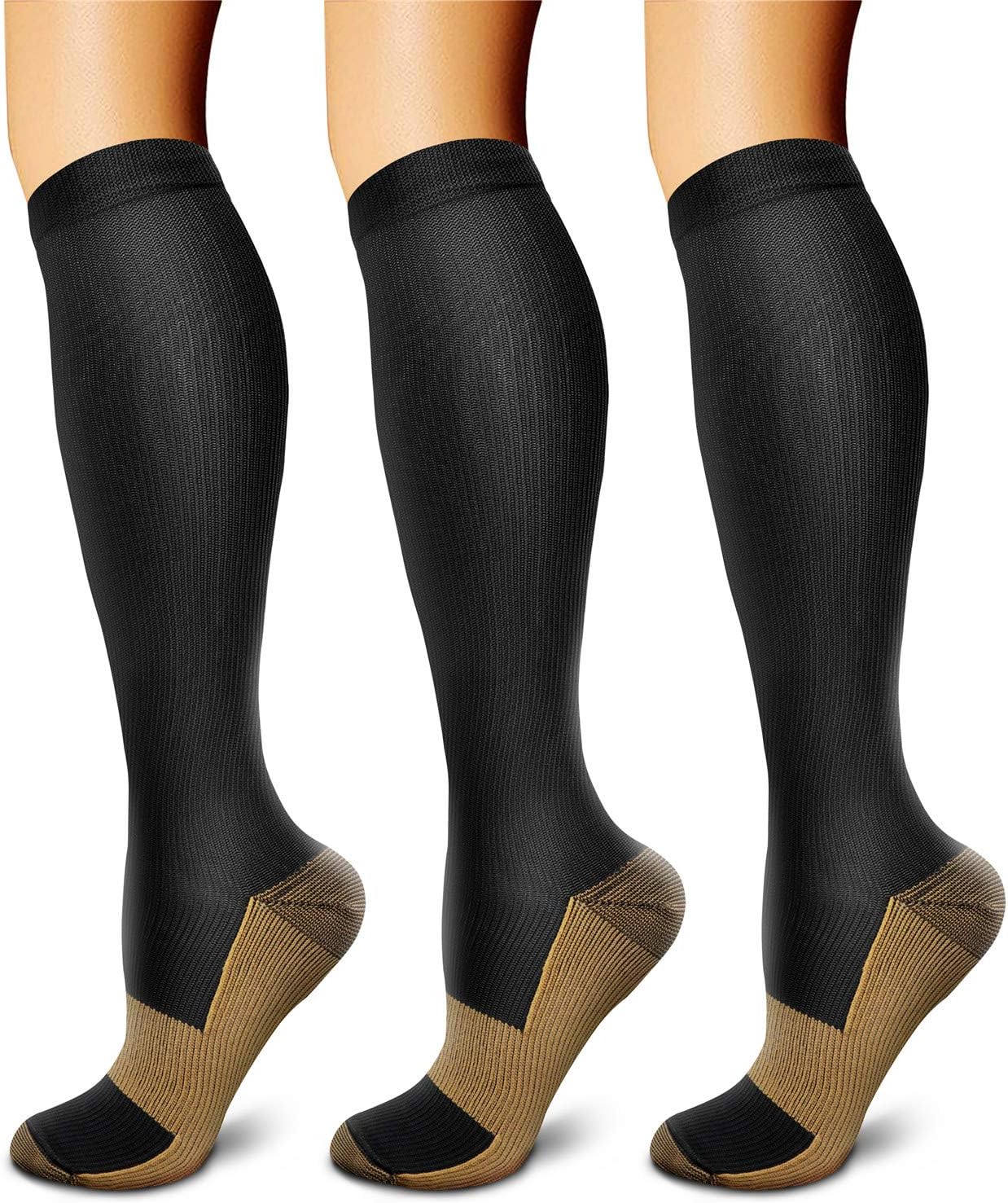 FEYHAY Copper Compression Socks (3 Pairs) 15-20 mmHg Circulation is Best Athletic & Daily for Men & Women, Running, Climbing (Small-Medium, 01 Black)