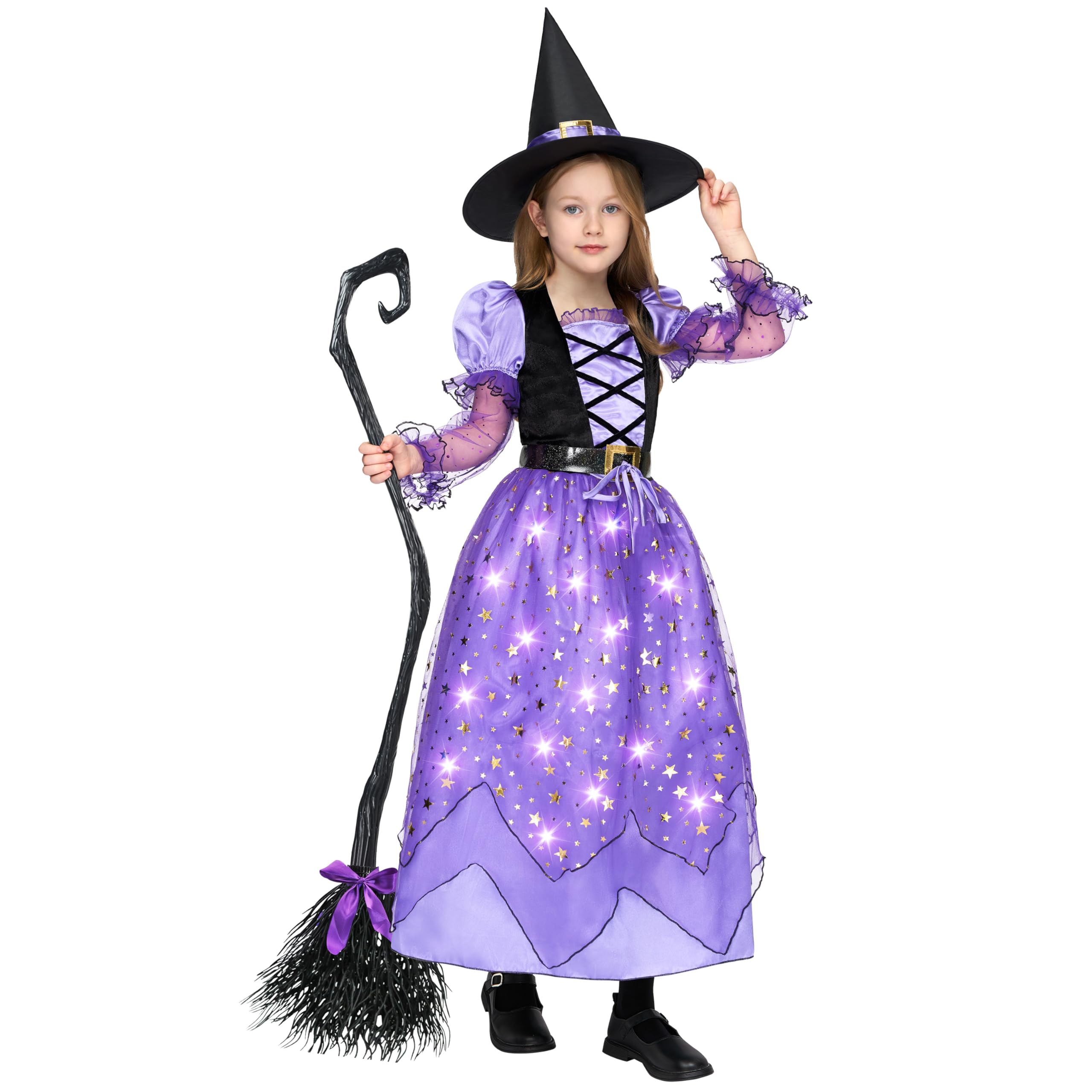 Spooktacular Creations Kostium czarownicy dla dziewczynki, świecący kostium czarownicy dla dzieci, gwiaździsta sukienka czarownicy z kapeluszem na pasek na miotły, dla dziewcząt, Halloween, impreza