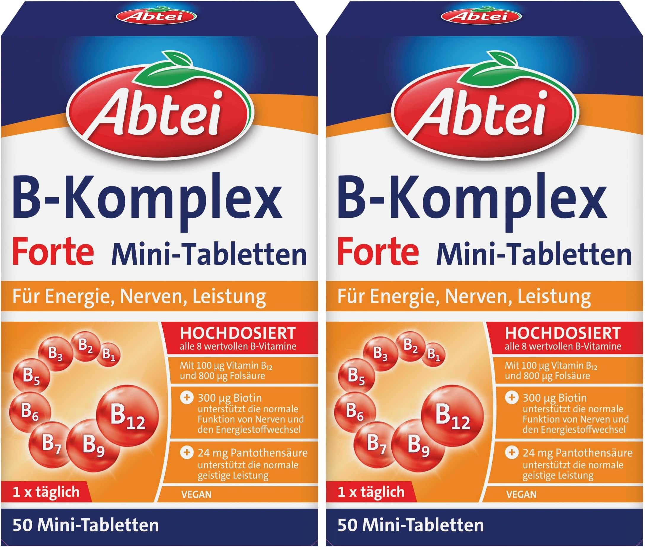 Abtei Vitamin B-Komplex Forte - Für Energie, Nerven, Leistung - Mit allen 8 B-Vitaminen und Biotin - Hochdosiert - Glutenfrei, laktosefrei, vegan - 50 Mini-Tabletten (Packung mit 2)