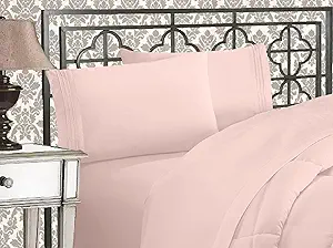 Elegant Comfort Luxurious 1500 Premium Hotel Quality Microfiber Three Line Embroidered Softest 4-Piece Bed Sheet Set, Wrinkle and Fade Resistant, Full, Blush Pink
