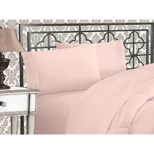 Elegant Comfort Luxurious 1500 Premium Hotel Quality Microfiber Three Line Embroidered Softest 4-Piece Bed Sheet Set, Wrinkle and Fade Resistant, California King, Blush Pink