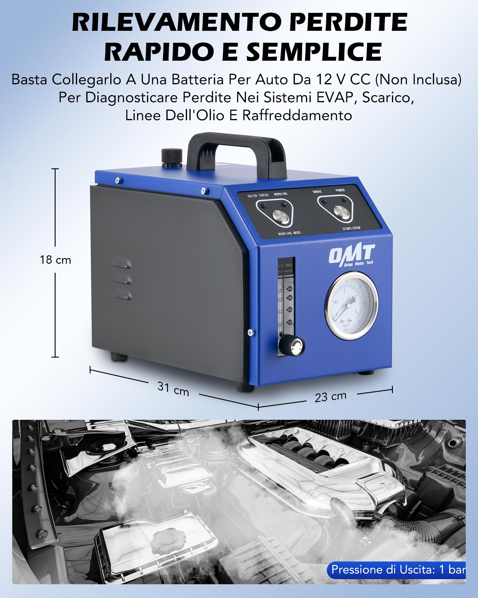 Orion Motor Tech Rilevatore di Perdite Fumo per Auto 12V Macchina di Fumo EVAP per Auto con 6 L/min Manometro, Adattatori Airbag e Coni per Sistema di Carburante EVAP