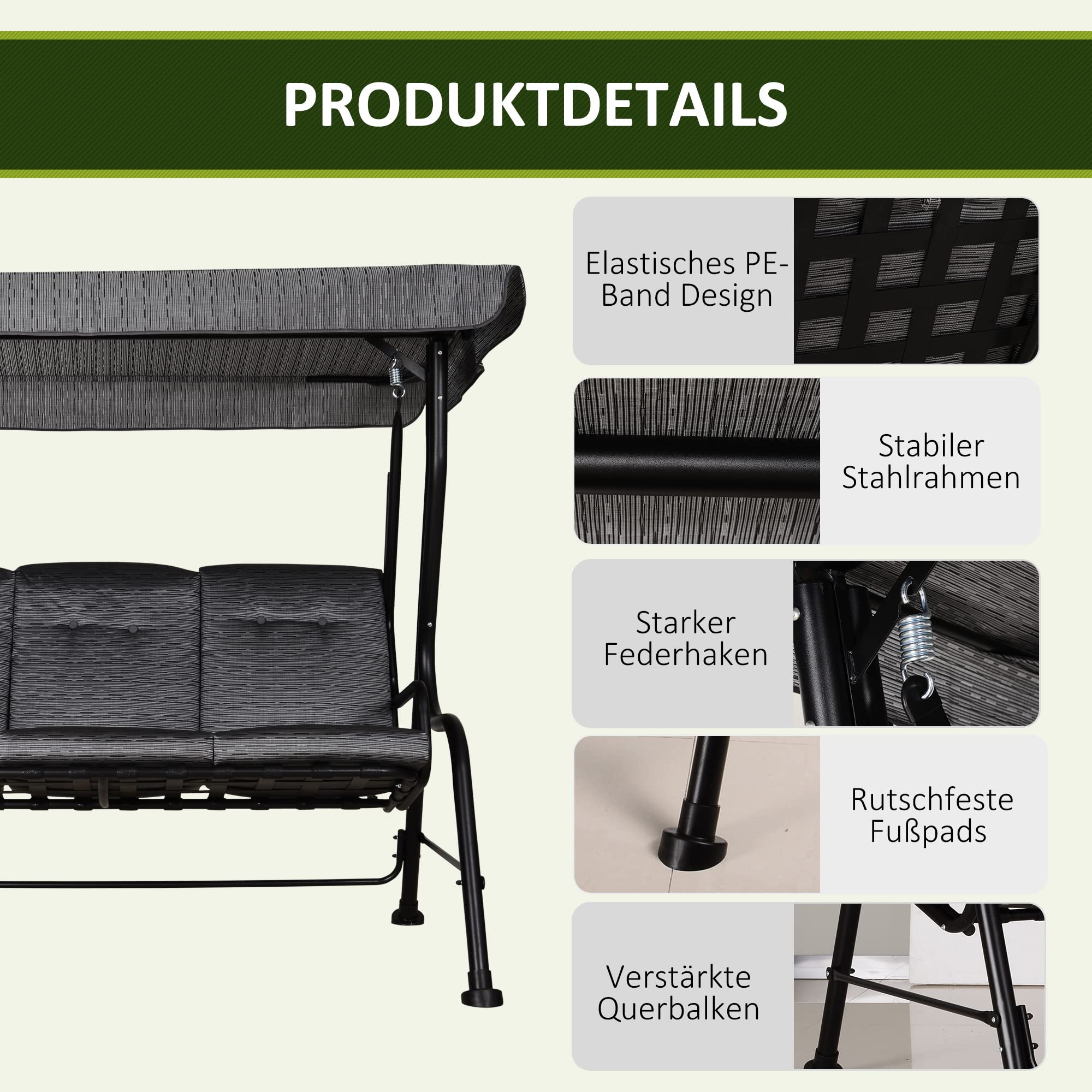 Outsunny Hollywoodschaukel 3-Sitzer Gartenschaukel 200 x 120 x 170 cm Grau | Verstellbares Sonnendach, Texteline