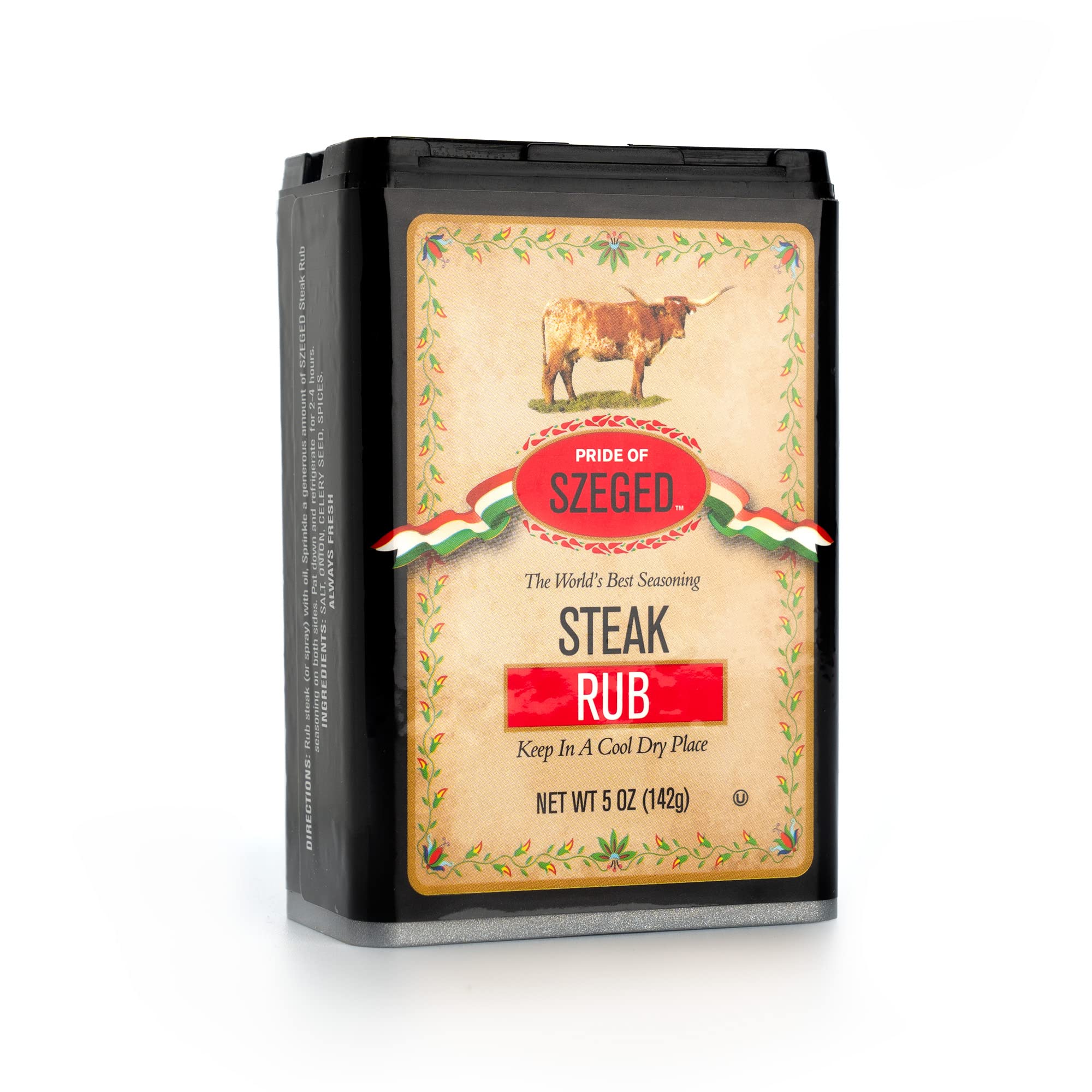 PRIDE OF SZEGED Steak Rub Seasoning Spice Mix, Shaker and Pour Top for Steaks Burgers and Beef, 5oz. Tin, 1-Count