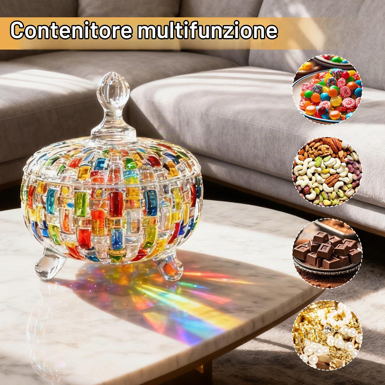 Barattolo di Caramelle, Barattoli di Caramelle in Vetro da 685 ml con Coperchio Scatola per Zucchero in Vetro Intrecciato Colorato Dipinto a Mano per Feste Matrimoni Compleanni Natale Anniversari