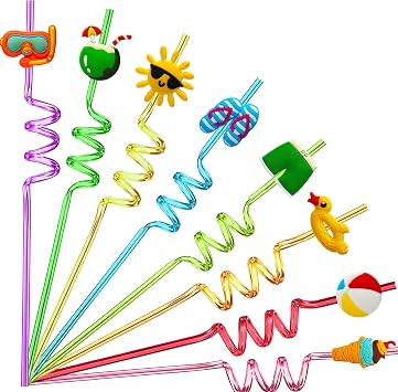24 Summer Pool Drinking Straws for Kids, Pool Party Decorations Supplies, Pool Party Favors for Kids Birthday, Crazy Silly Straws for Beach Theme Party Decorations with 2 Pcs Cleaning Brushes