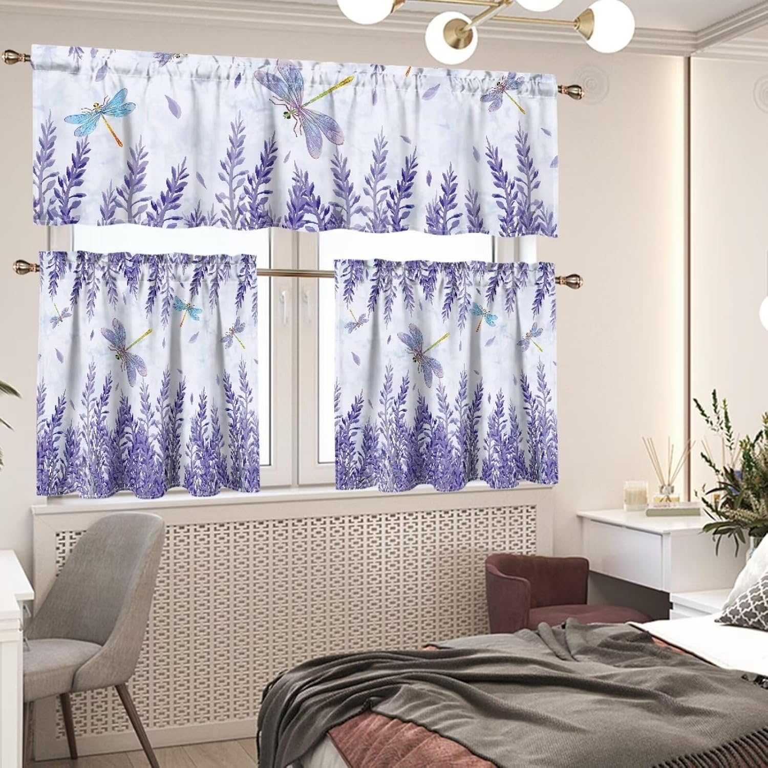 Dragonfly Lavender Kitchen Curtains and Valances Set Blackout 3 Piece Kitchen Curtains Set for Nursery, Office, Playroom, Cafe, Children's Room