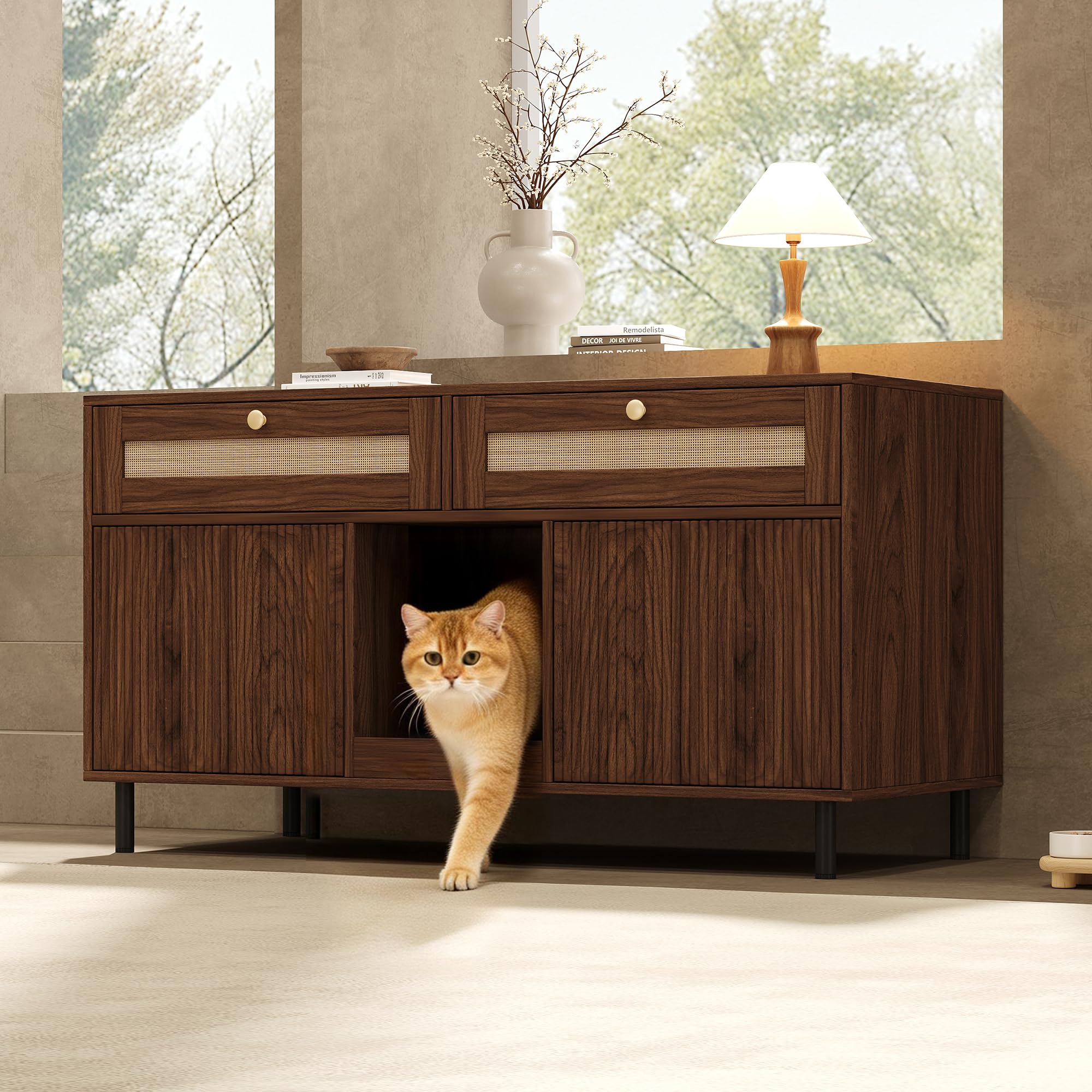 BTM Modernes Katzenkloschrank für 2 Katzen mit Schubladen, Sandfangmatte Verstecktes Katzenklo mit Aufbewahrung Nussbaumfarb