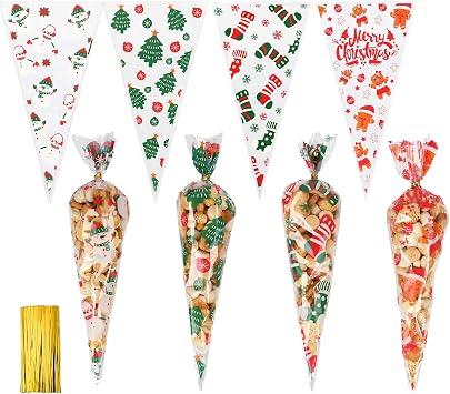 Christmas Cone Treat Bags, 100PCS Transparent Christmas Cone Cellophane Bags, Snowman Xmas Tree Plastic Goodie Candy Bag with Twist Ties for Xmas Party Favor Popcorn Candy Gifts Supplies 5x10 Inch