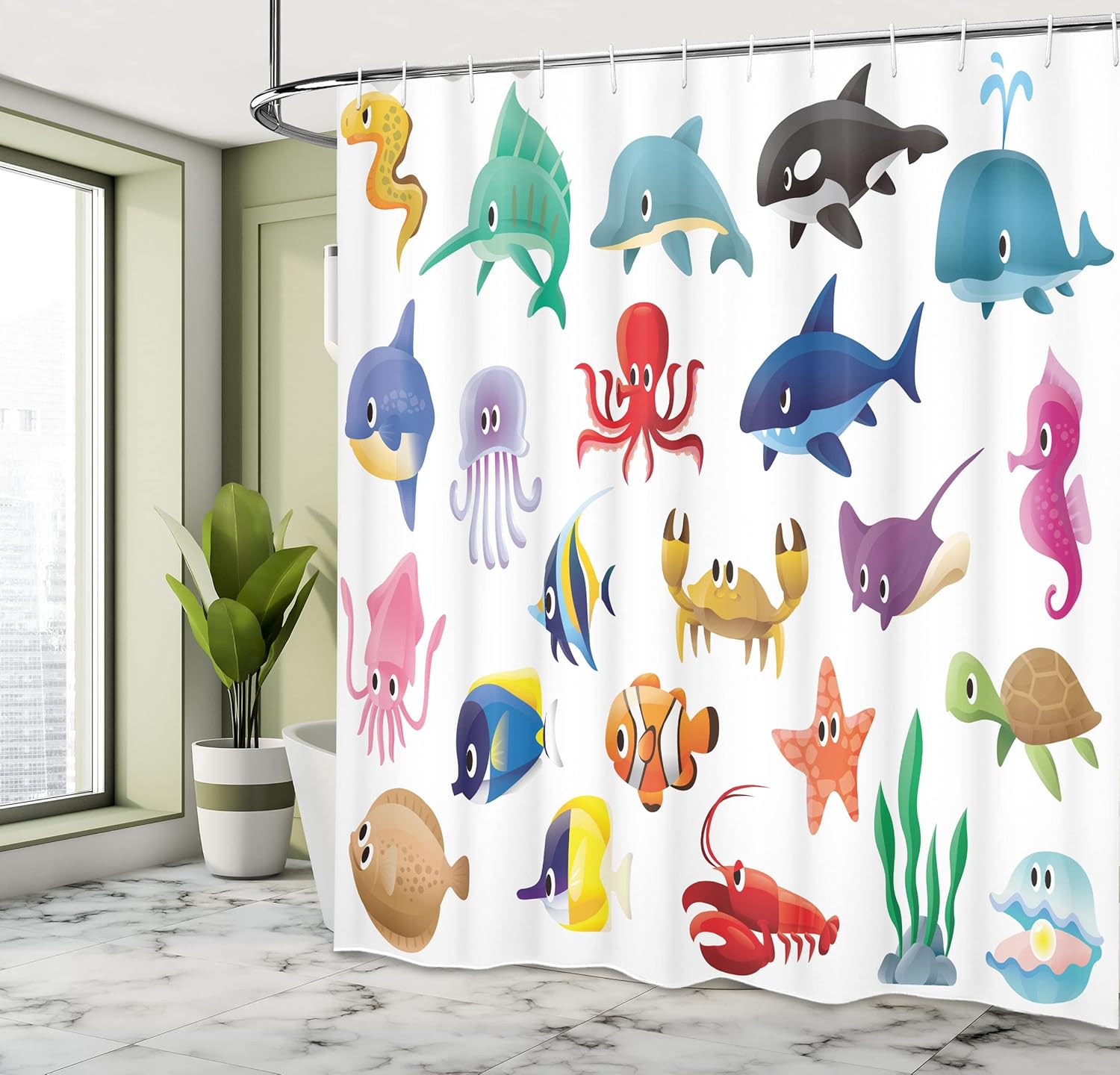 Ambesonne Whale Shower Curtain, Variety of Marine Organisms Stingray Squid Sea Star Seahorse Sailfish Lobster Artwork, Cloth Fabric Bathroom Decor Set with Hooks, 69" W x 70" L, White Multicolor
