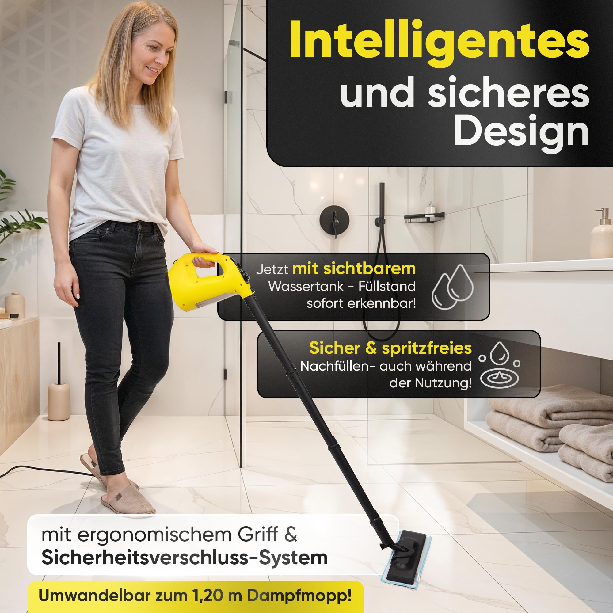 Neighbour's Friend® Dampfreiniger 2 in 1 mit Dampf Mop Funktion – Leistungsstarker Handdampfreiniger 1500W, 4m Kabel, 450ml Tank I Dampfreiniger Handgerät für Boden, Fenster, Bad, Teppich, Küche