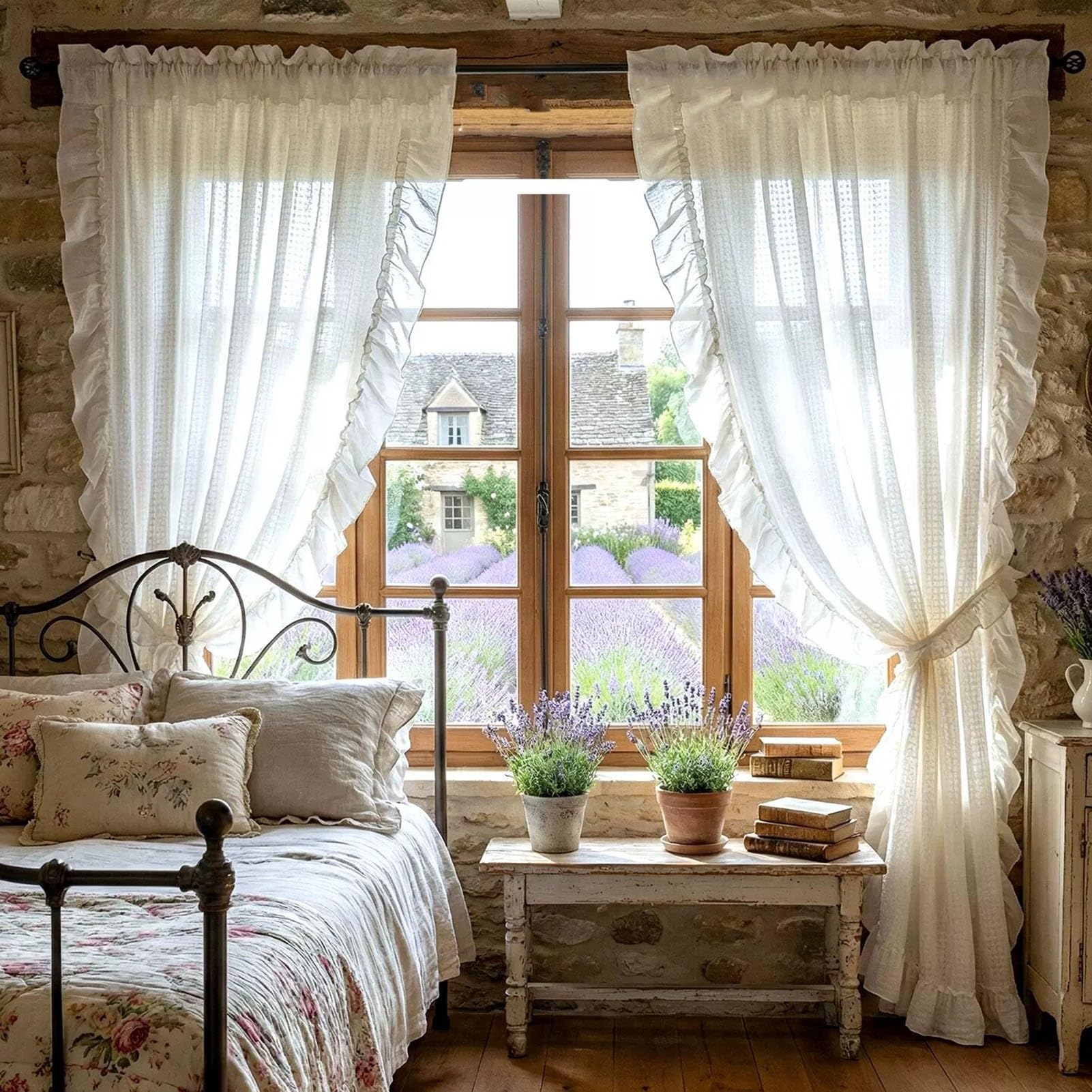 2 Pièces Rideaux Filtrant de Lumière Beiges Salon, Rideaux de Fenêtre Chambre Français Romantiques avec Poche de Tige Volants pour Décoration Maison(W150xH260cm/59x102inch)